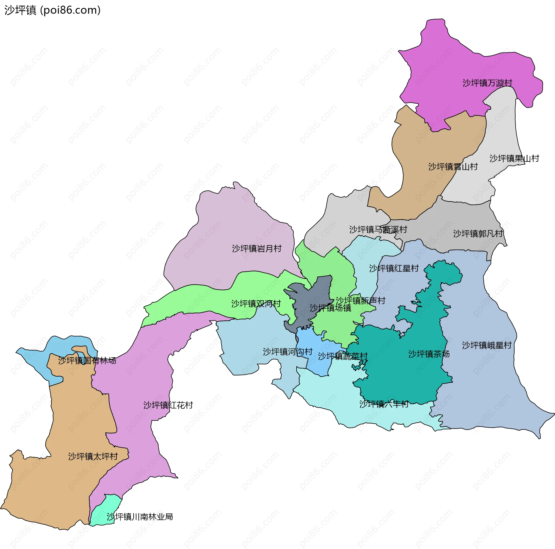 沙坪镇边界地图(五级行政区划)