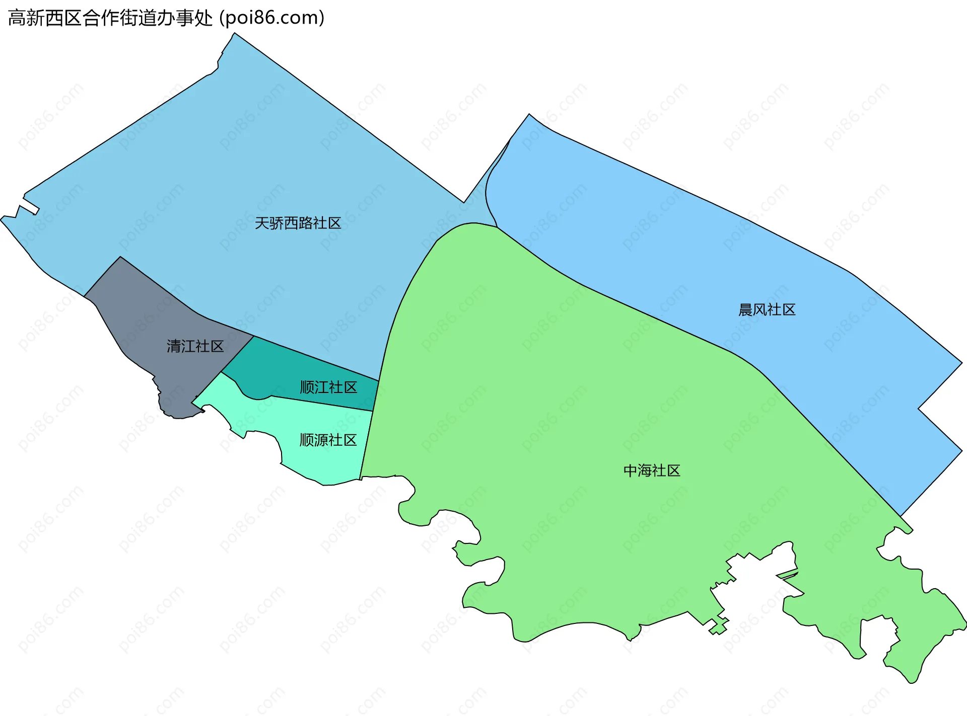 高新西区合作街道办事处边界地图(五级行政区划)