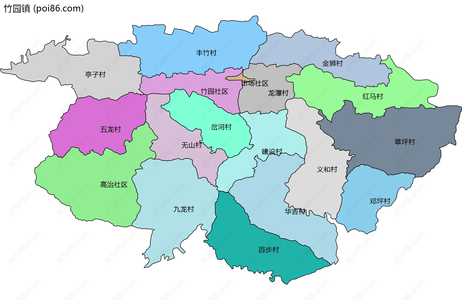 竹园镇边界地图(五级行政区划)