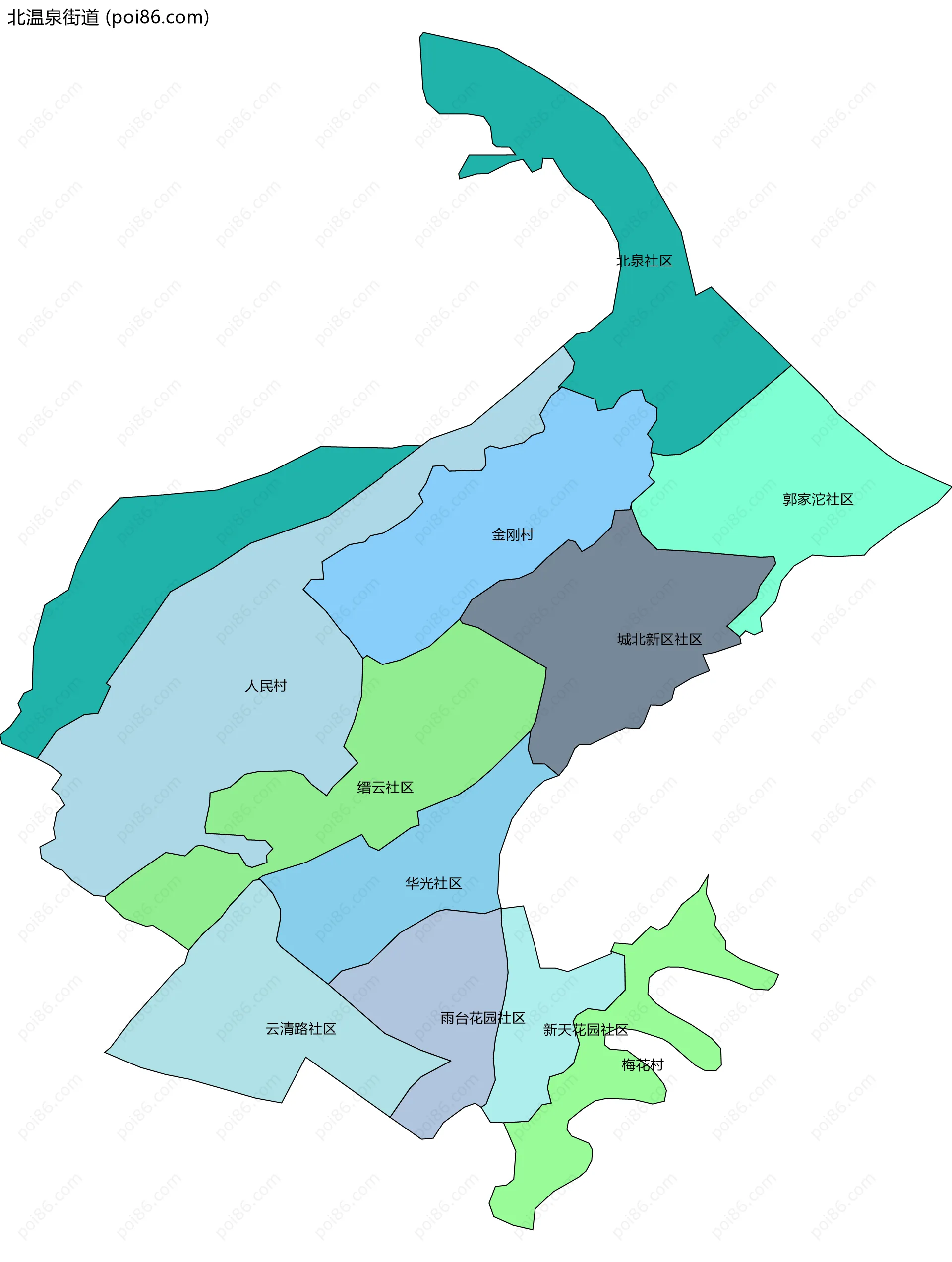 北温泉街道边界地图(五级行政区划)