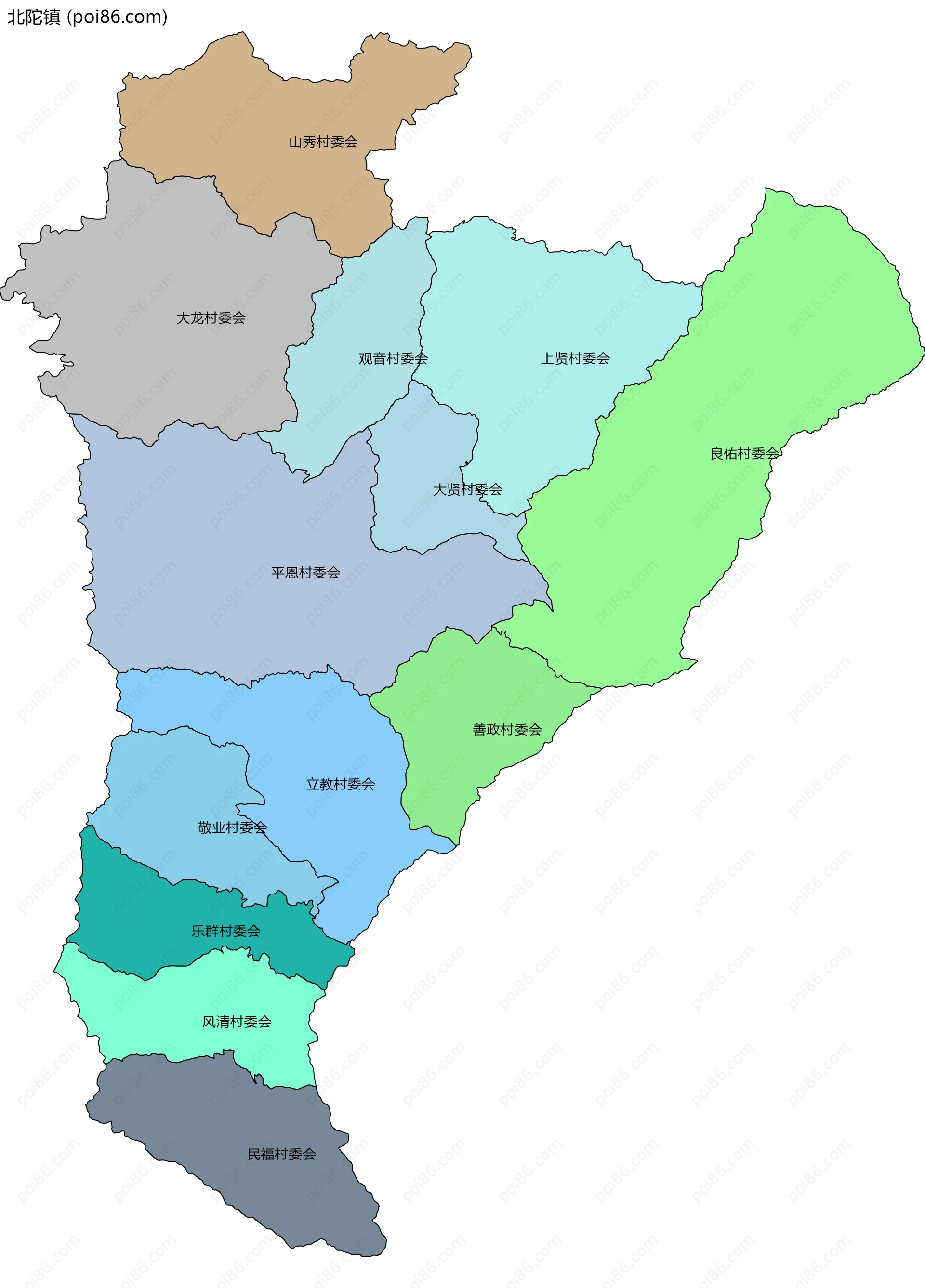 北陀镇边界地图(五级行政区划)