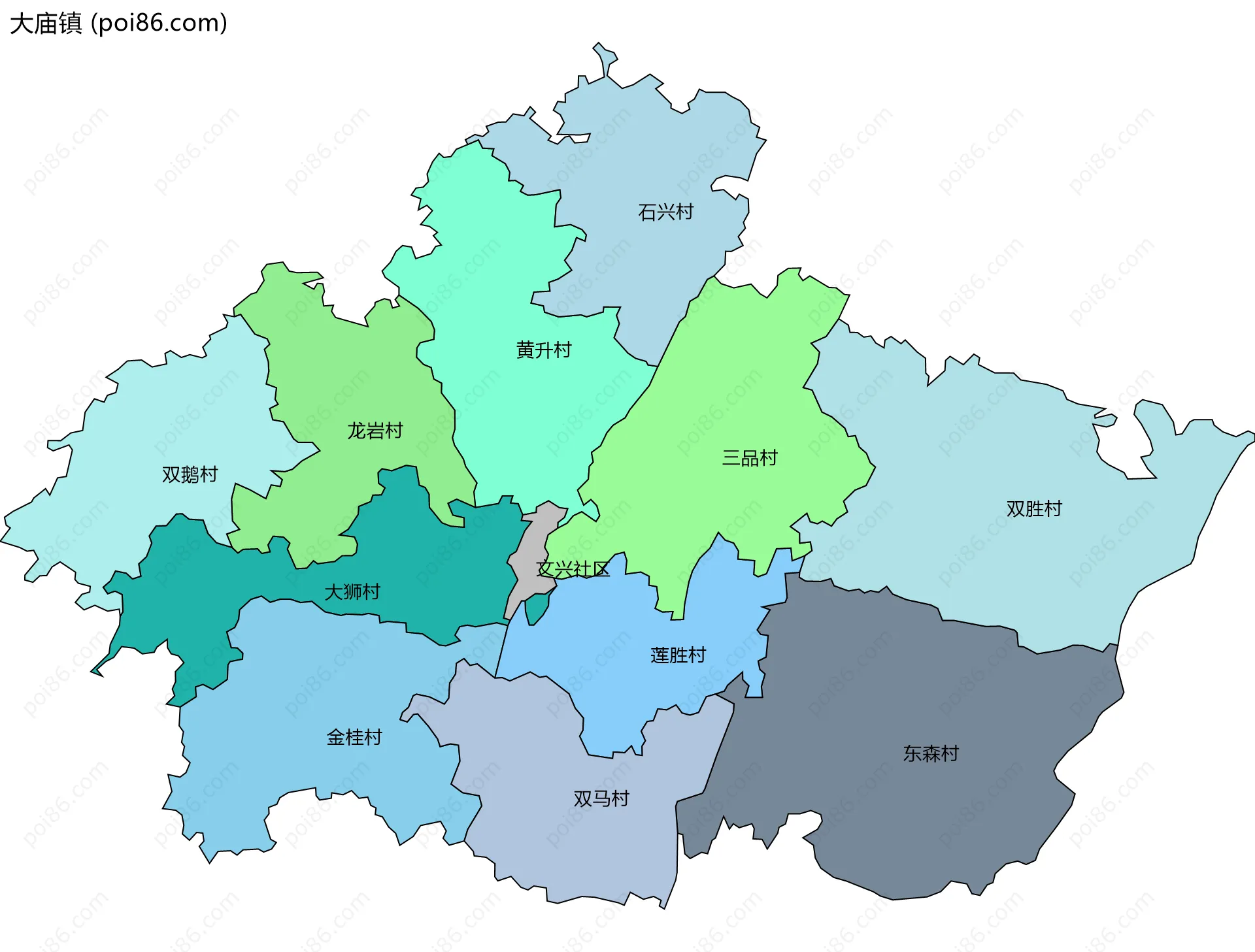 大庙镇边界地图(五级行政区划)