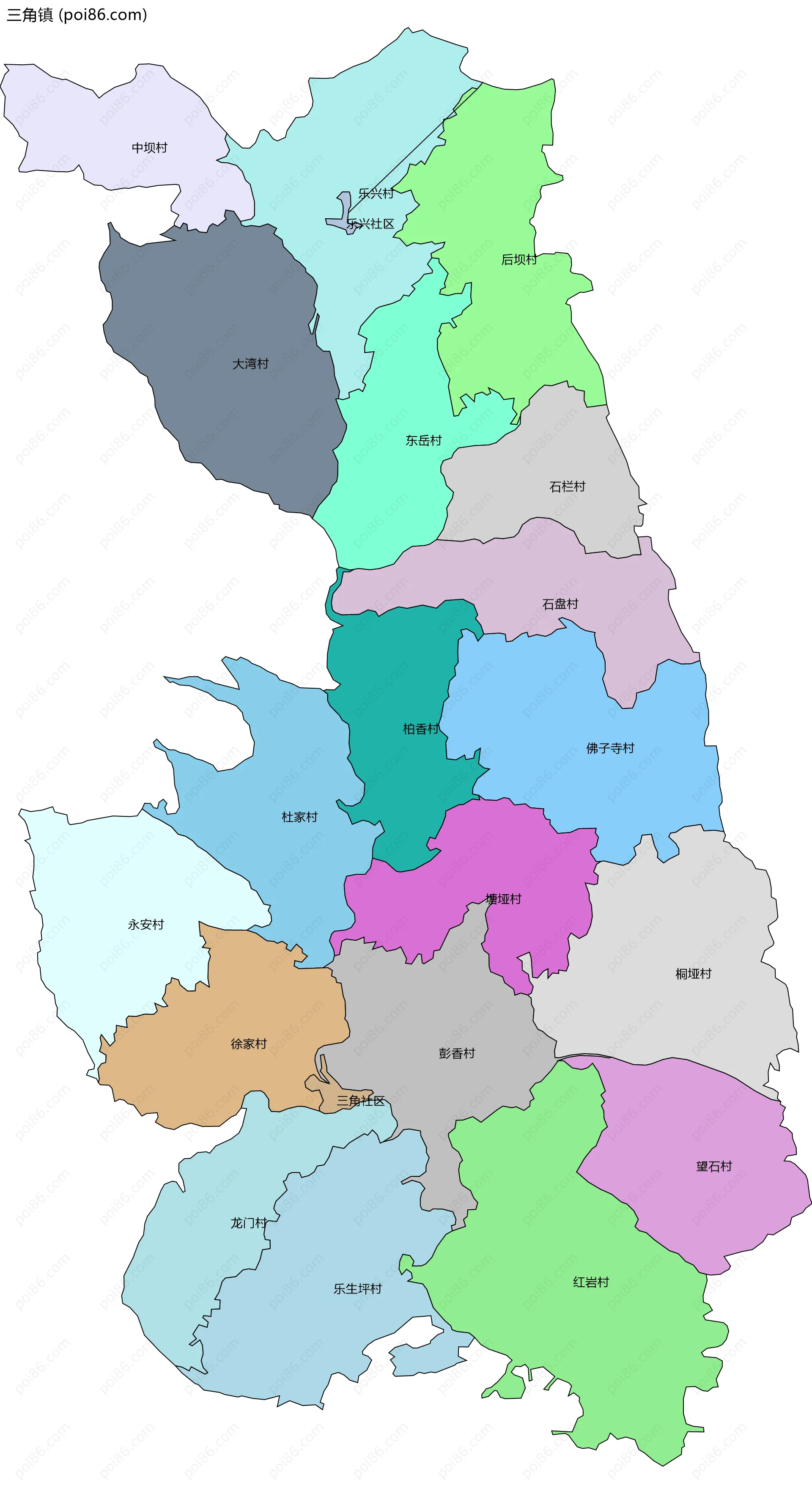 三角镇边界地图(五级行政区划)