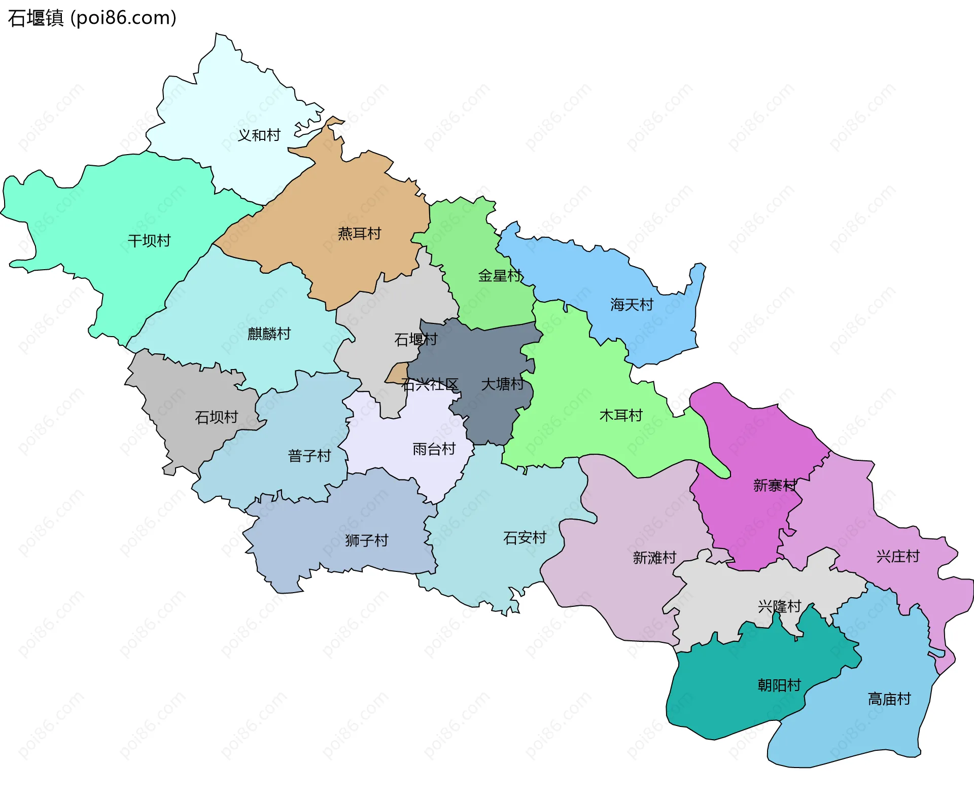石堰镇边界地图(五级行政区划)