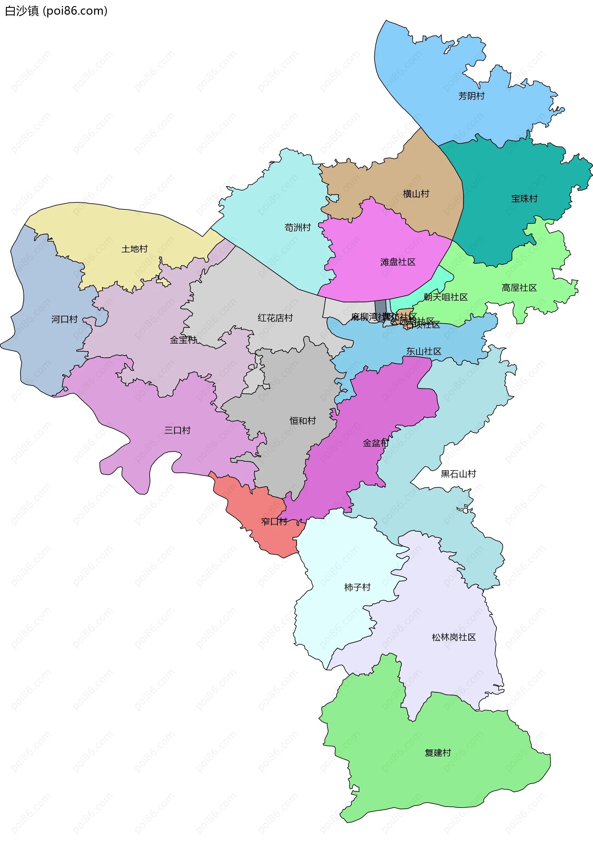 白沙镇边界地图(五级行政区划)
