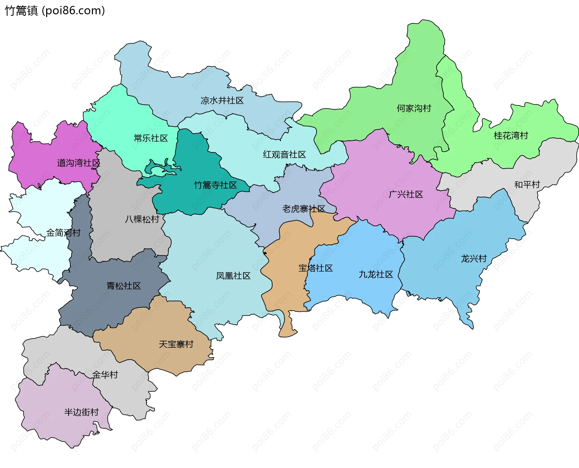 竹篙镇边界地图(五级行政区划)