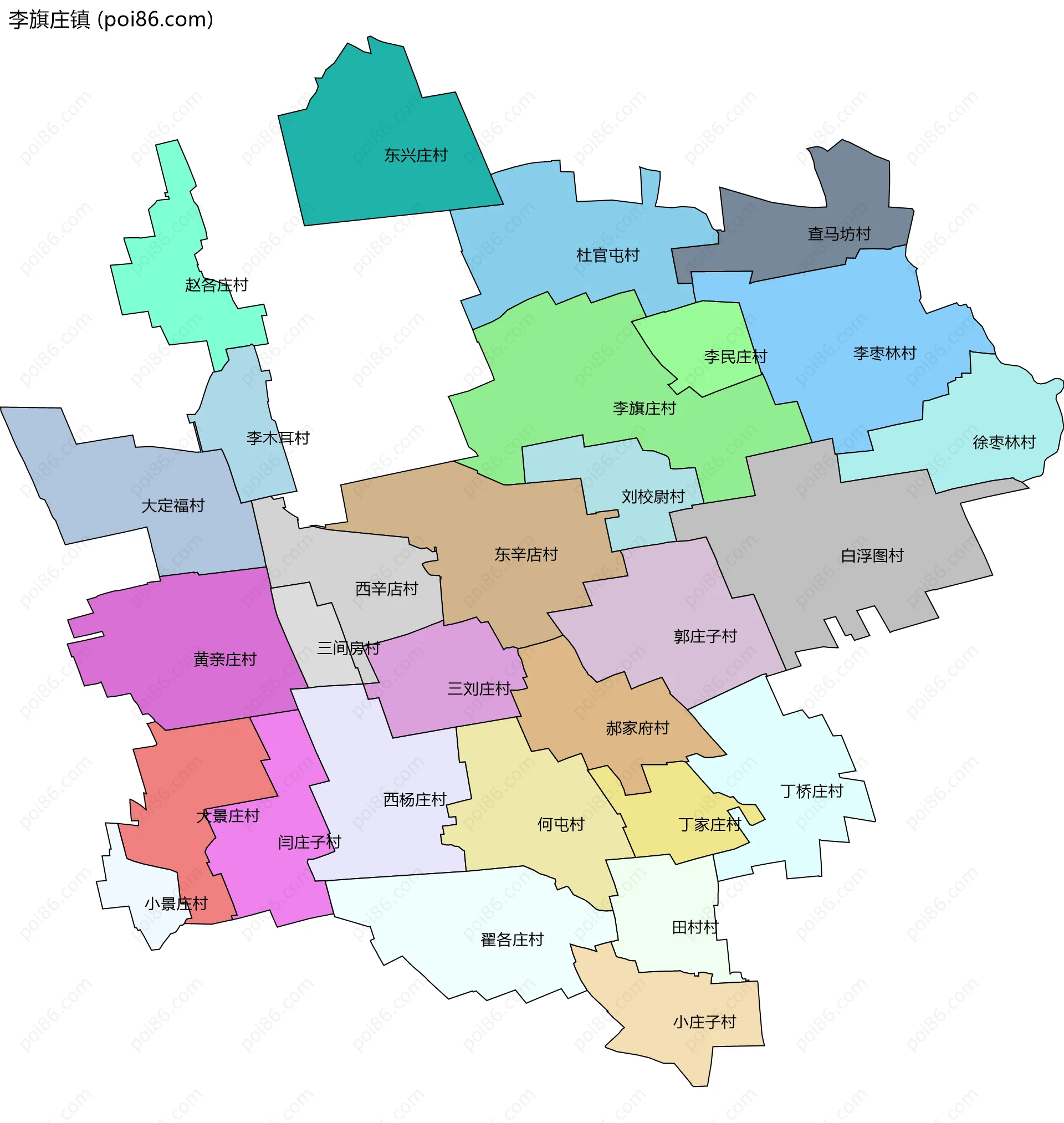 李旗庄镇边界地图(五级行政区划)