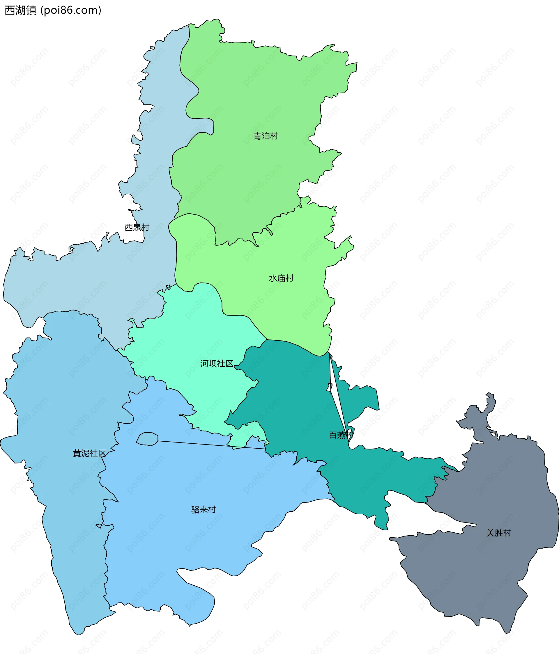西湖镇边界地图(五级行政区划)