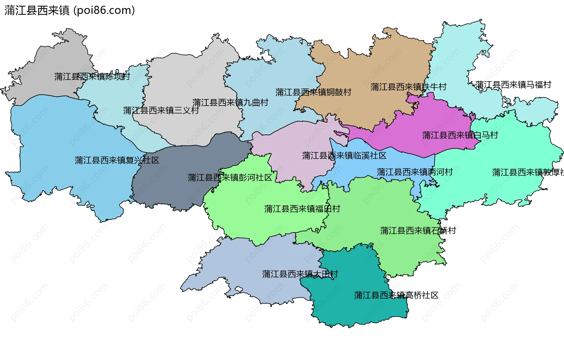 蒲江县西来镇边界地图(五级行政区划)