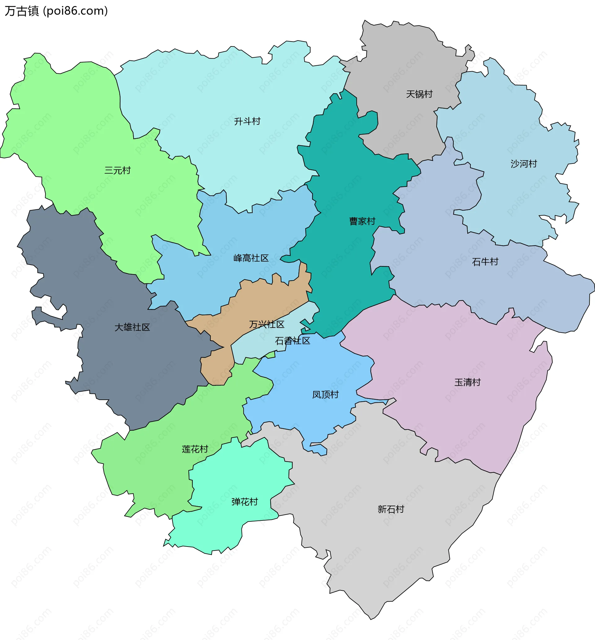 万古镇边界地图(五级行政区划)