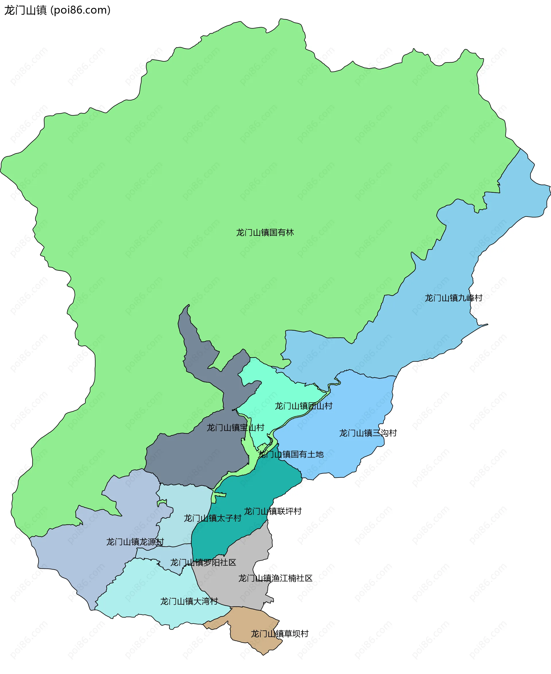 龙门山镇边界地图(五级行政区划)
