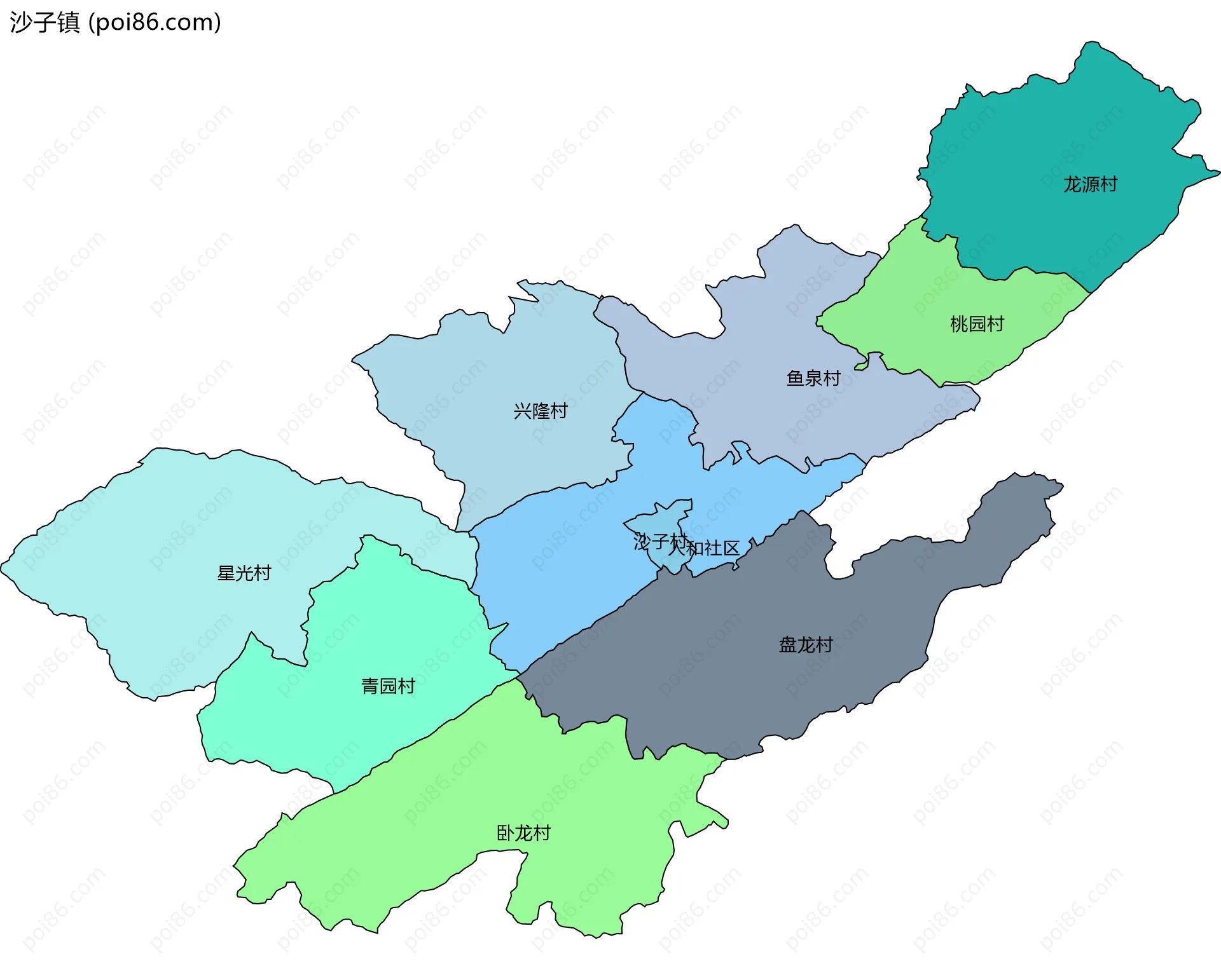 沙子镇边界地图(五级行政区划)