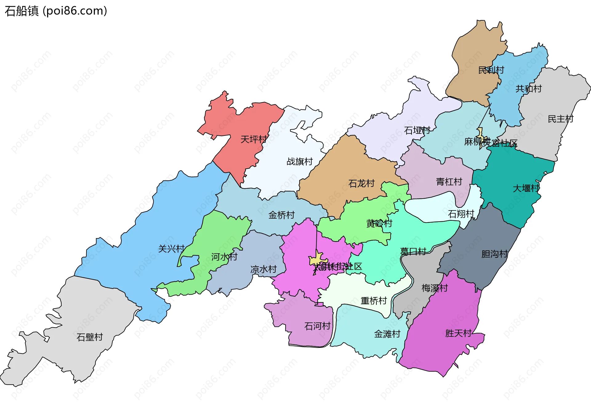 石船镇边界地图(五级行政区划)