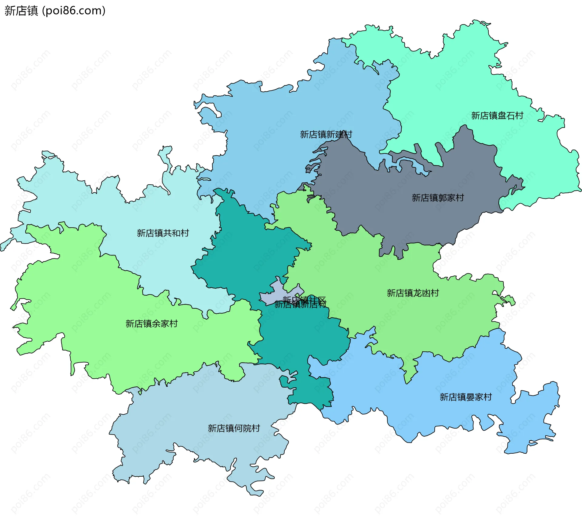 新店镇边界地图(五级行政区划)