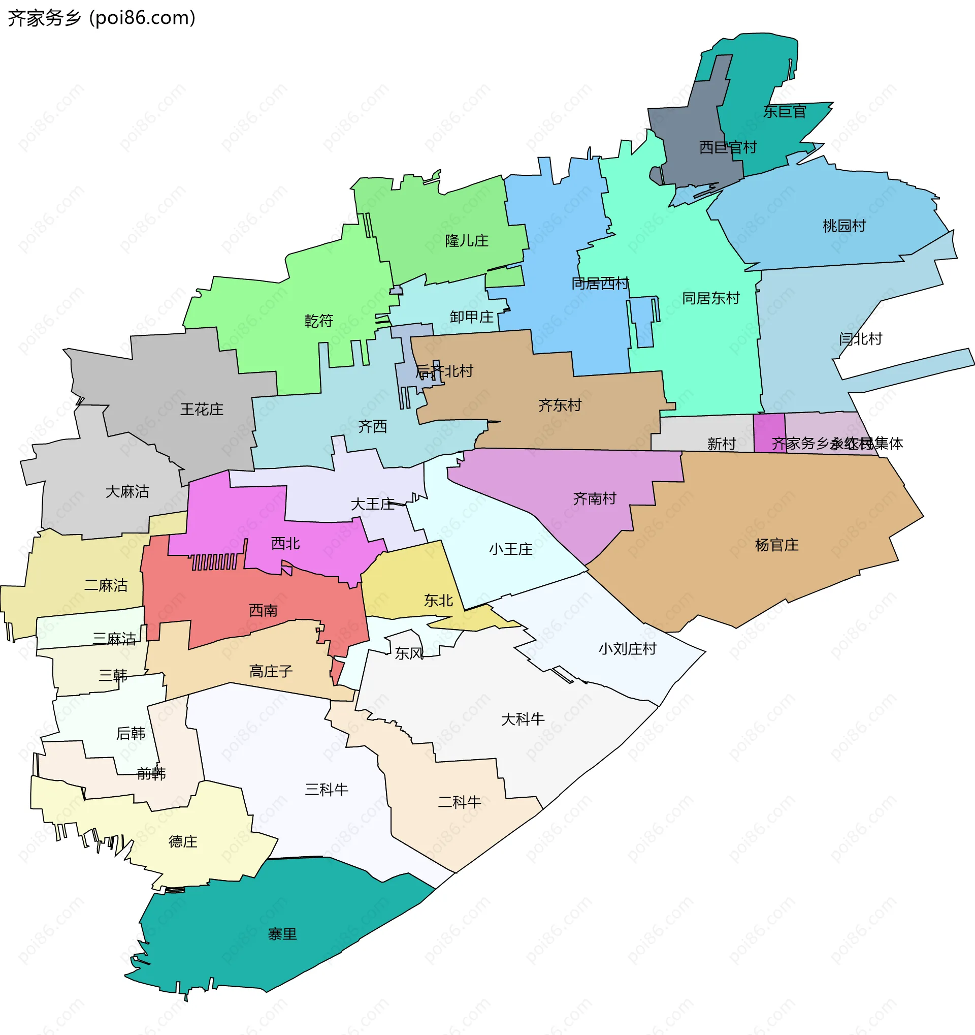 齐家务乡边界地图(五级行政区划)