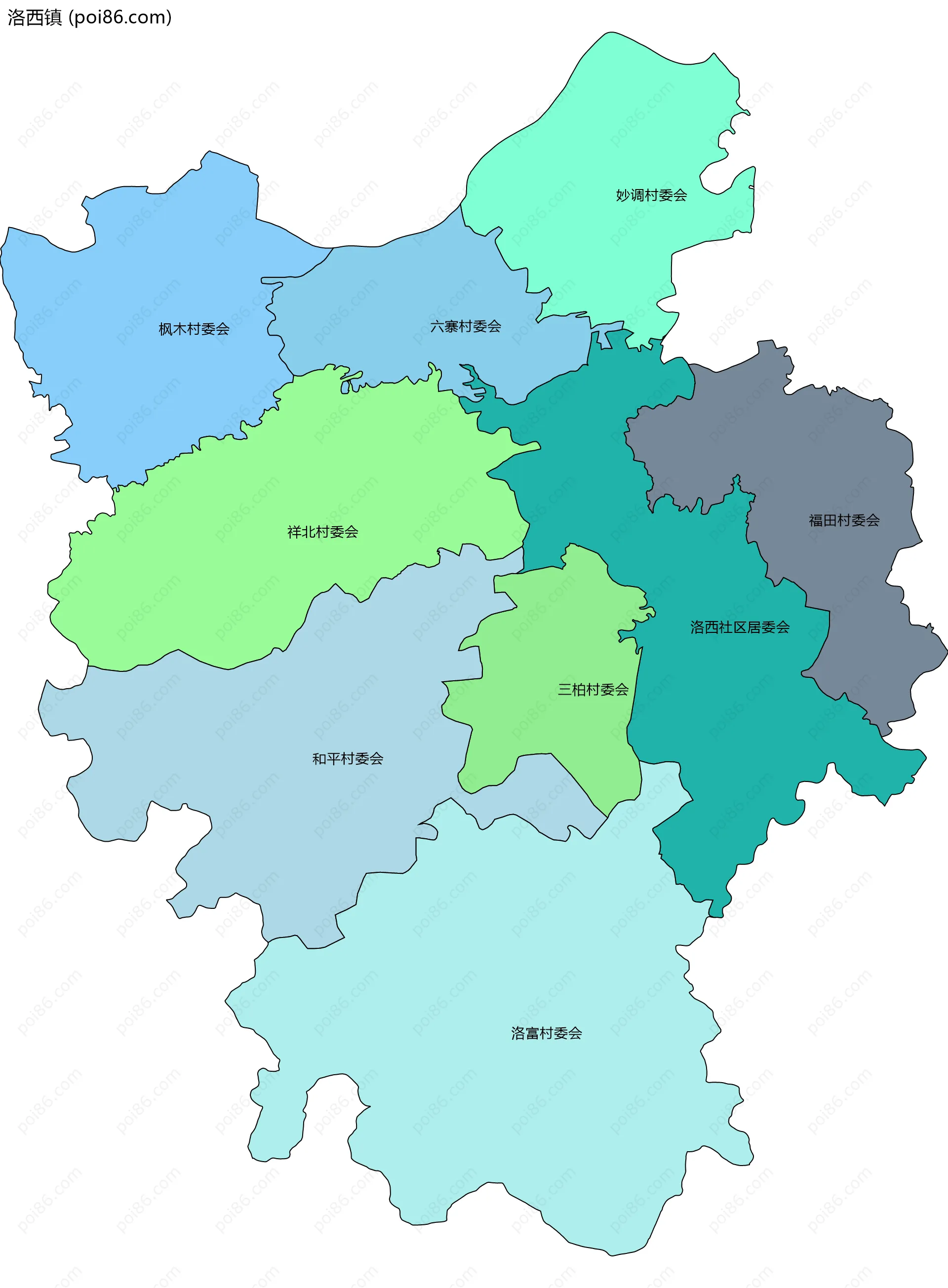 洛西镇边界地图(五级行政区划)