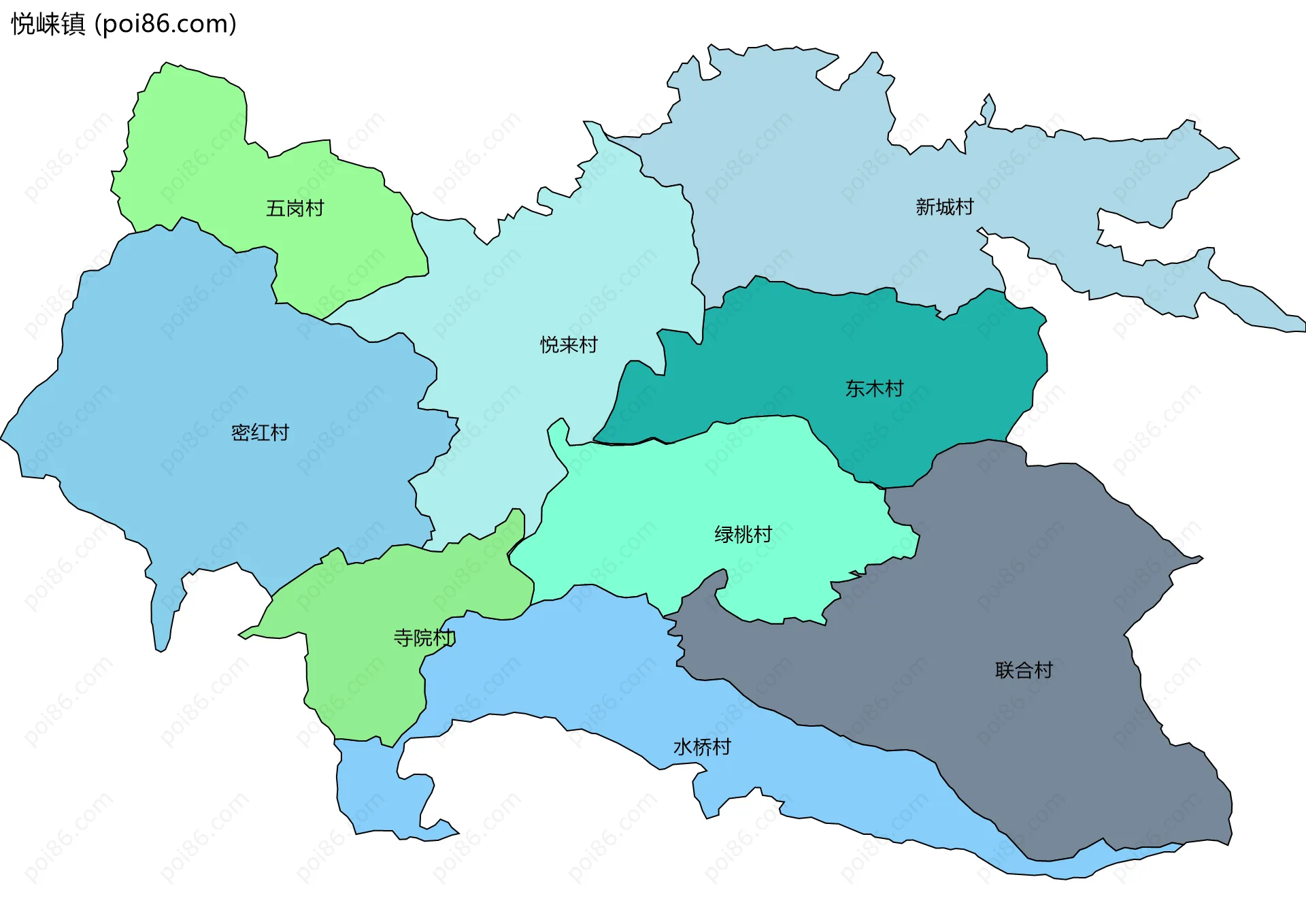 悦崃镇边界地图(五级行政区划)