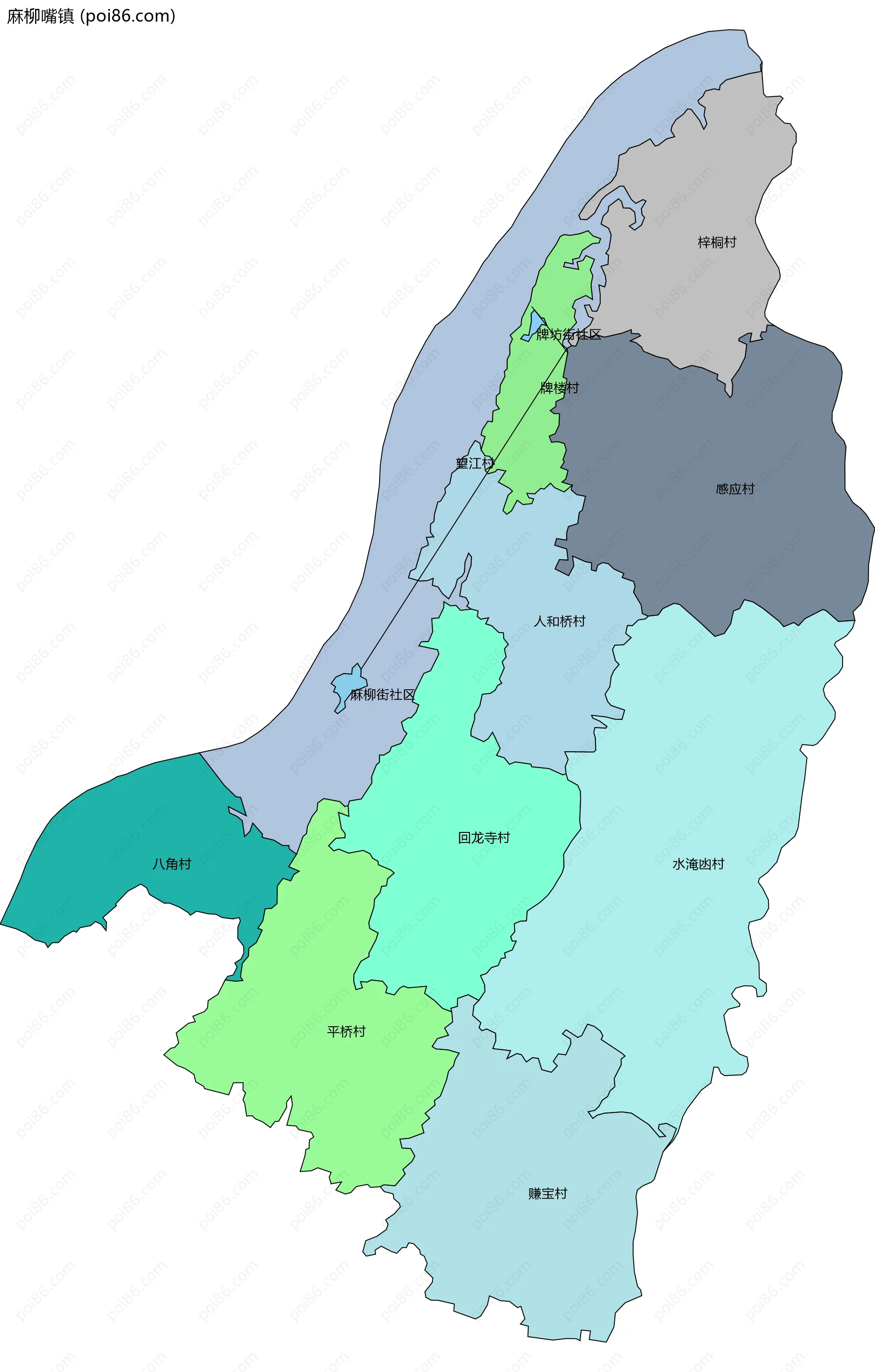 麻柳嘴镇边界地图(五级行政区划)