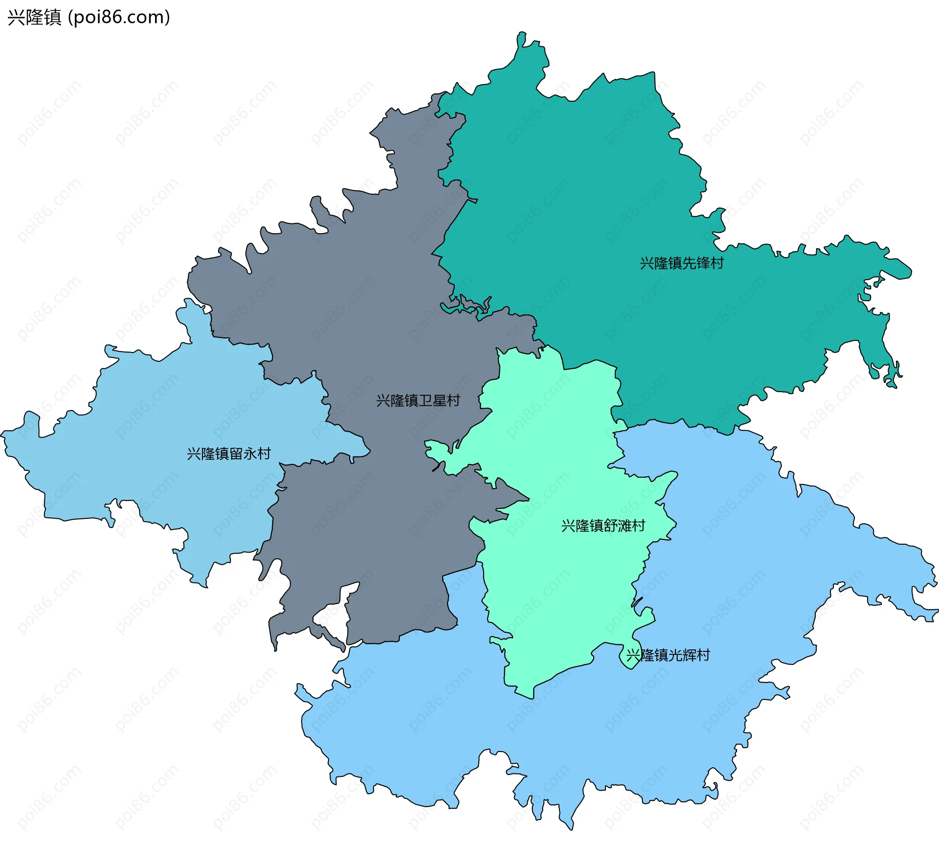 兴隆镇边界地图(五级行政区划)