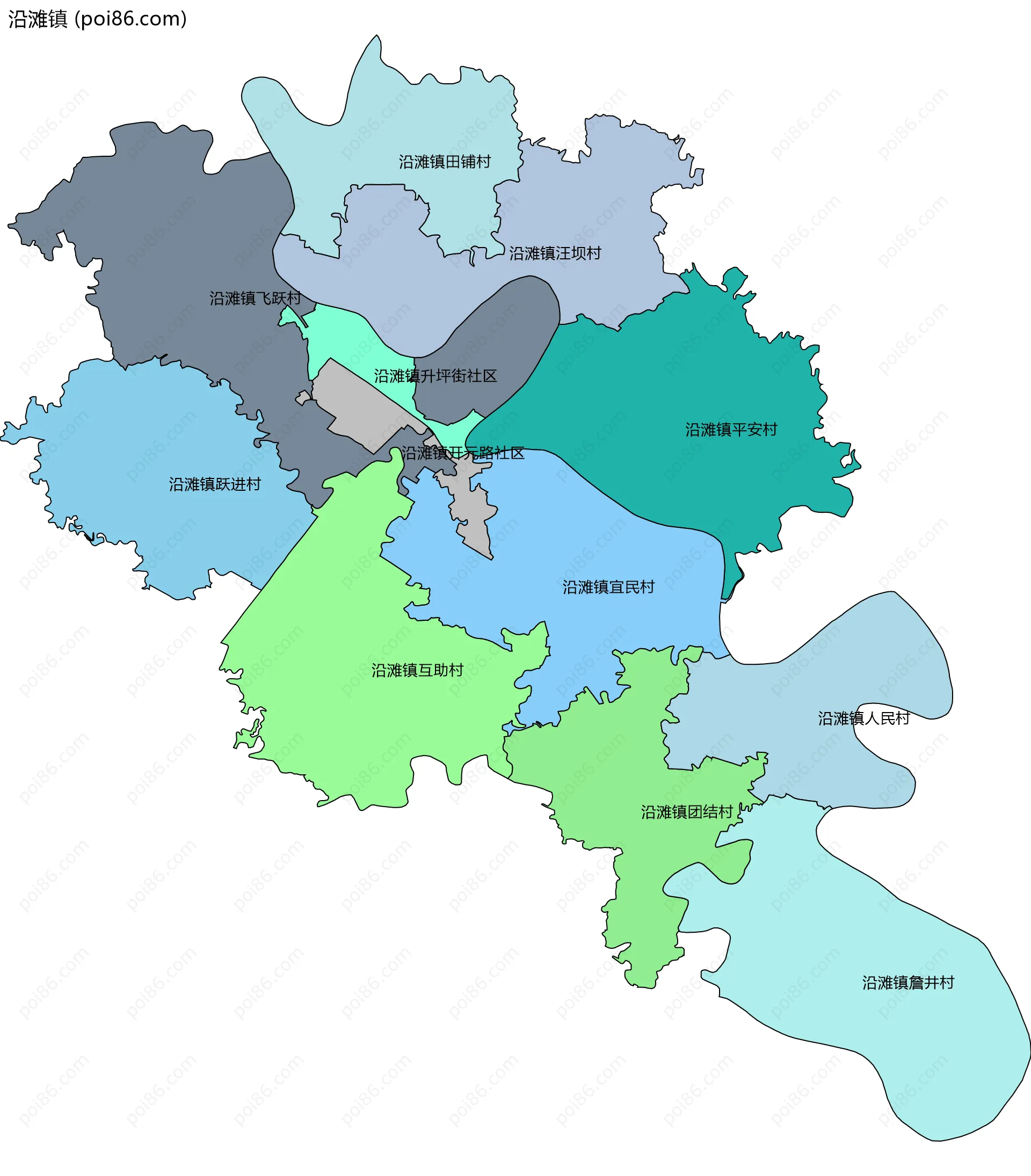 沿滩镇边界地图(五级行政区划)