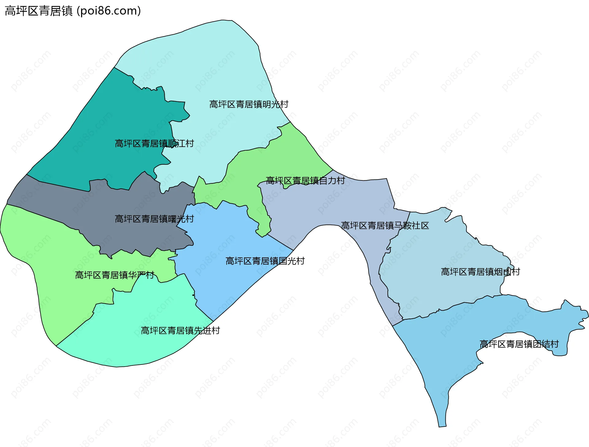 高坪区青居镇边界地图(五级行政区划)