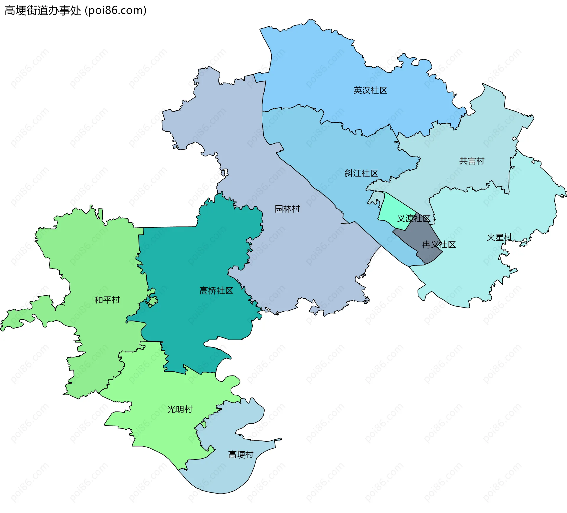 高埂街道办事处边界地图(五级行政区划)