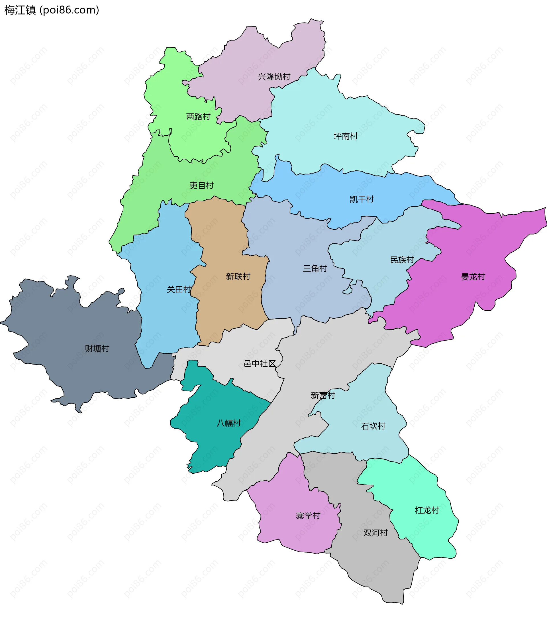 梅江镇边界地图(五级行政区划)