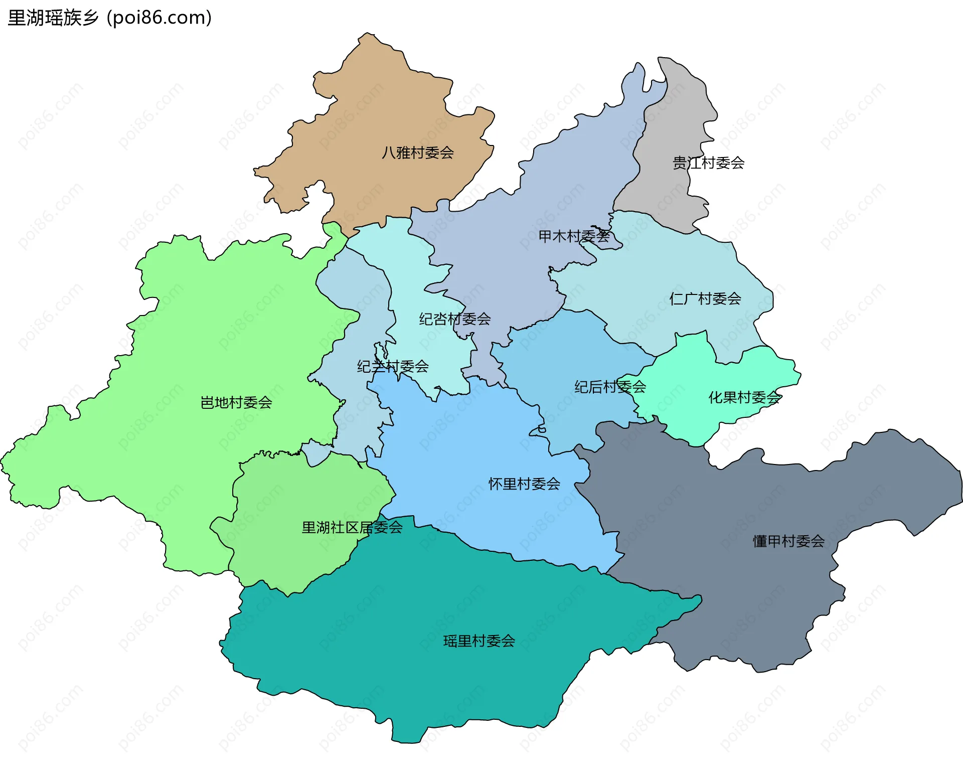 里湖瑶族乡边界地图(五级行政区划)