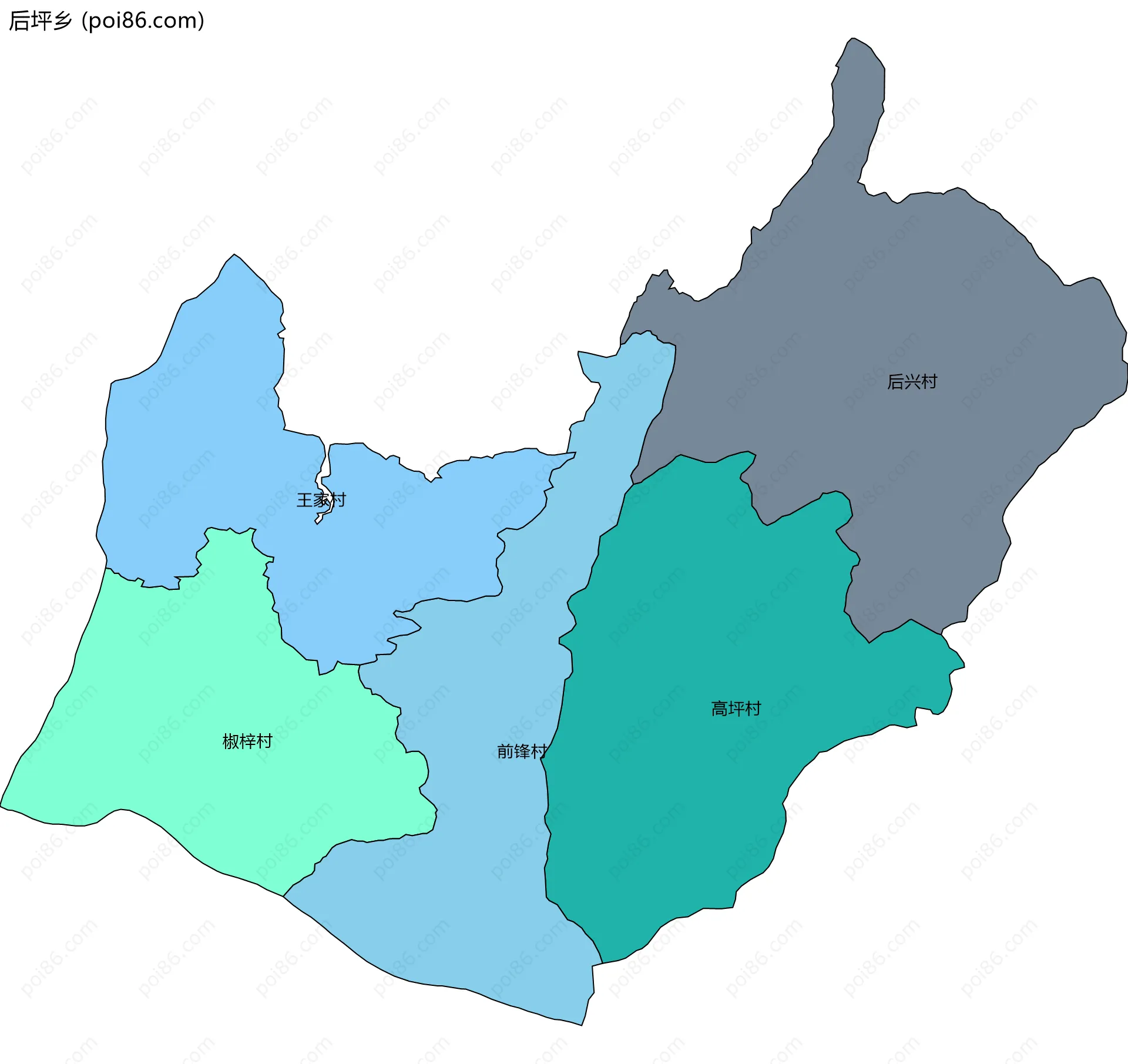 后坪乡边界地图(五级行政区划)