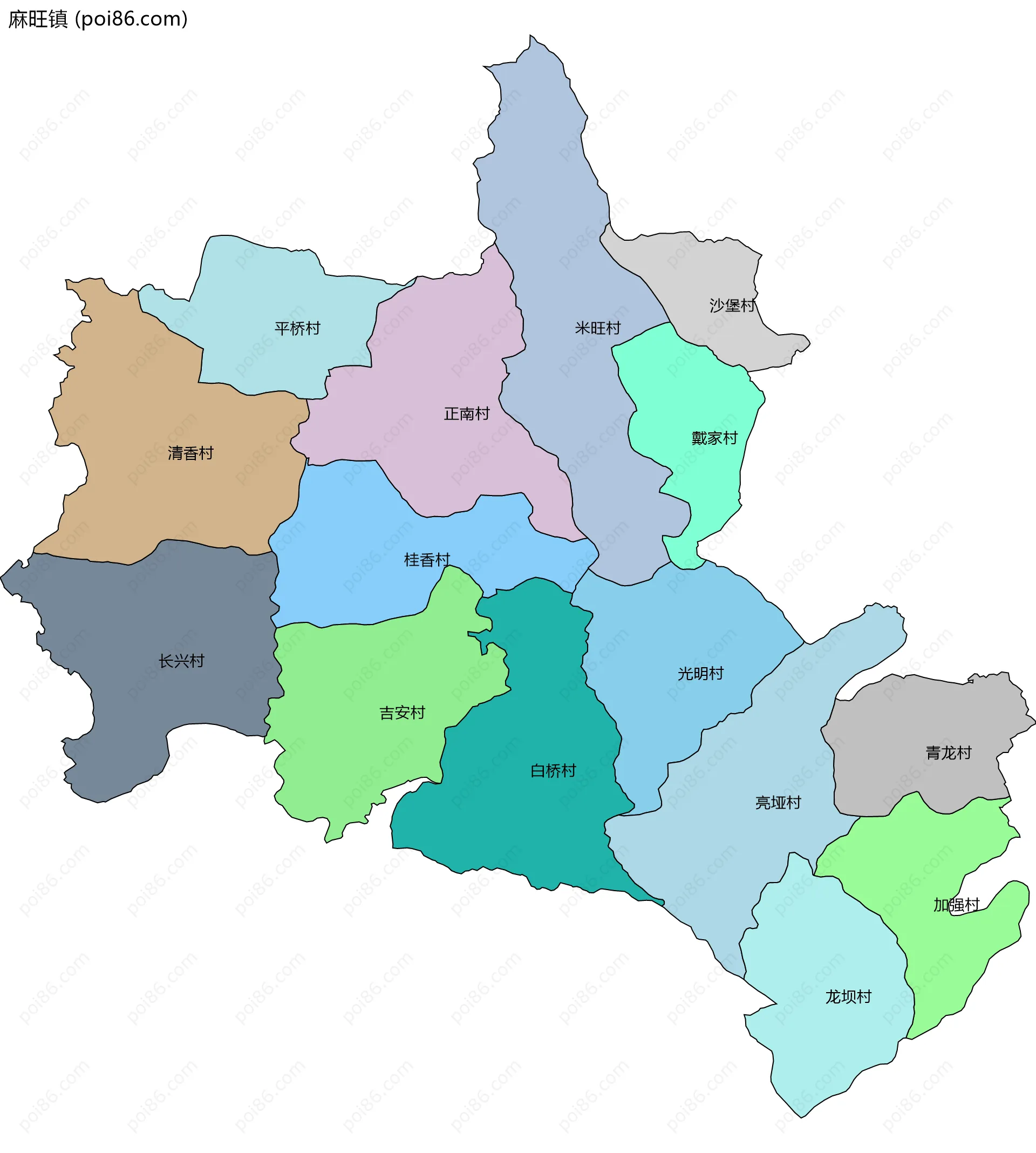麻旺镇边界地图(五级行政区划)