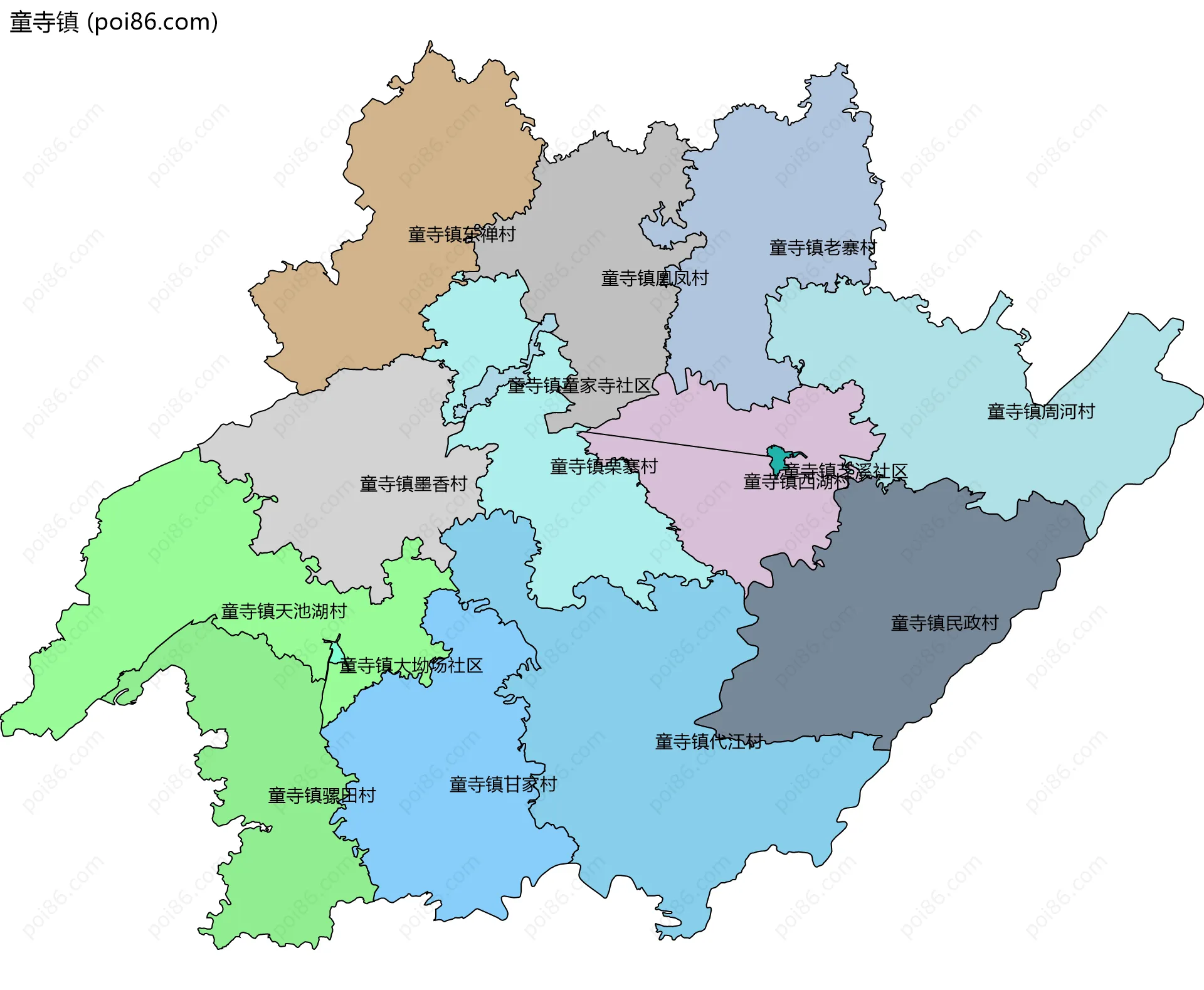 童寺镇边界地图(五级行政区划)