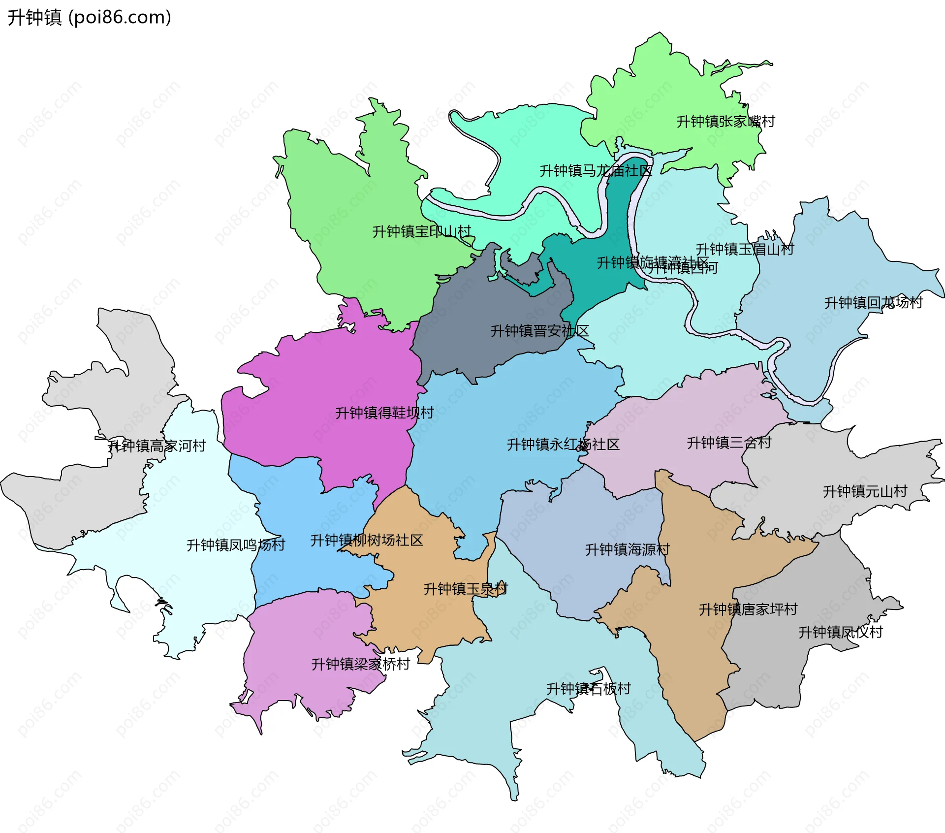 升钟镇边界地图(五级行政区划)