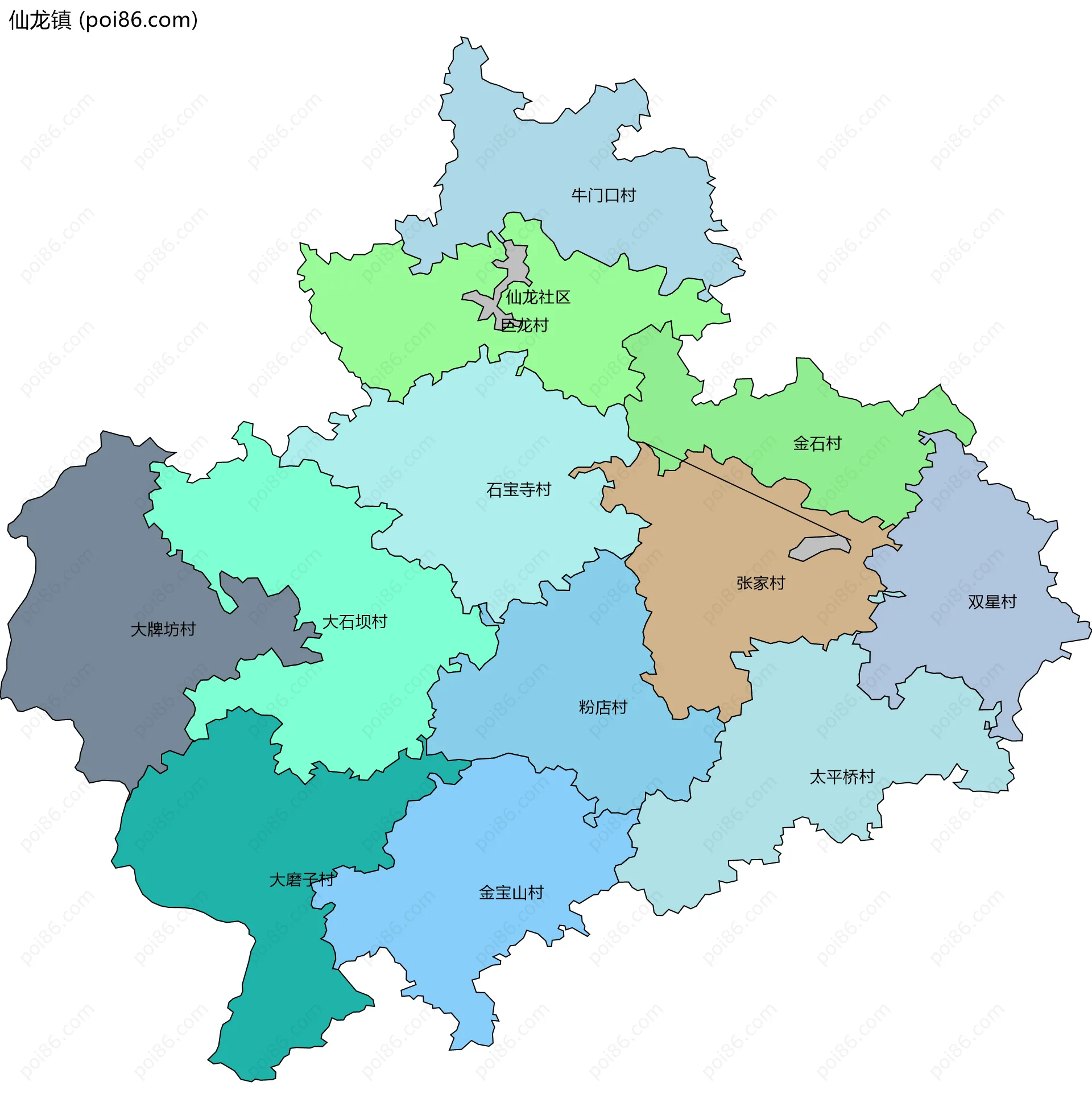 仙龙镇边界地图(五级行政区划)