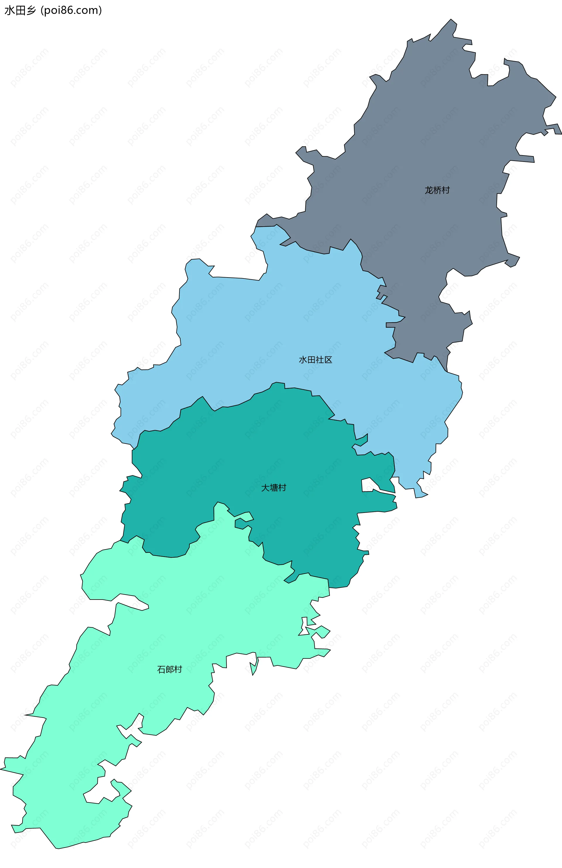 水田乡边界地图(五级行政区划)