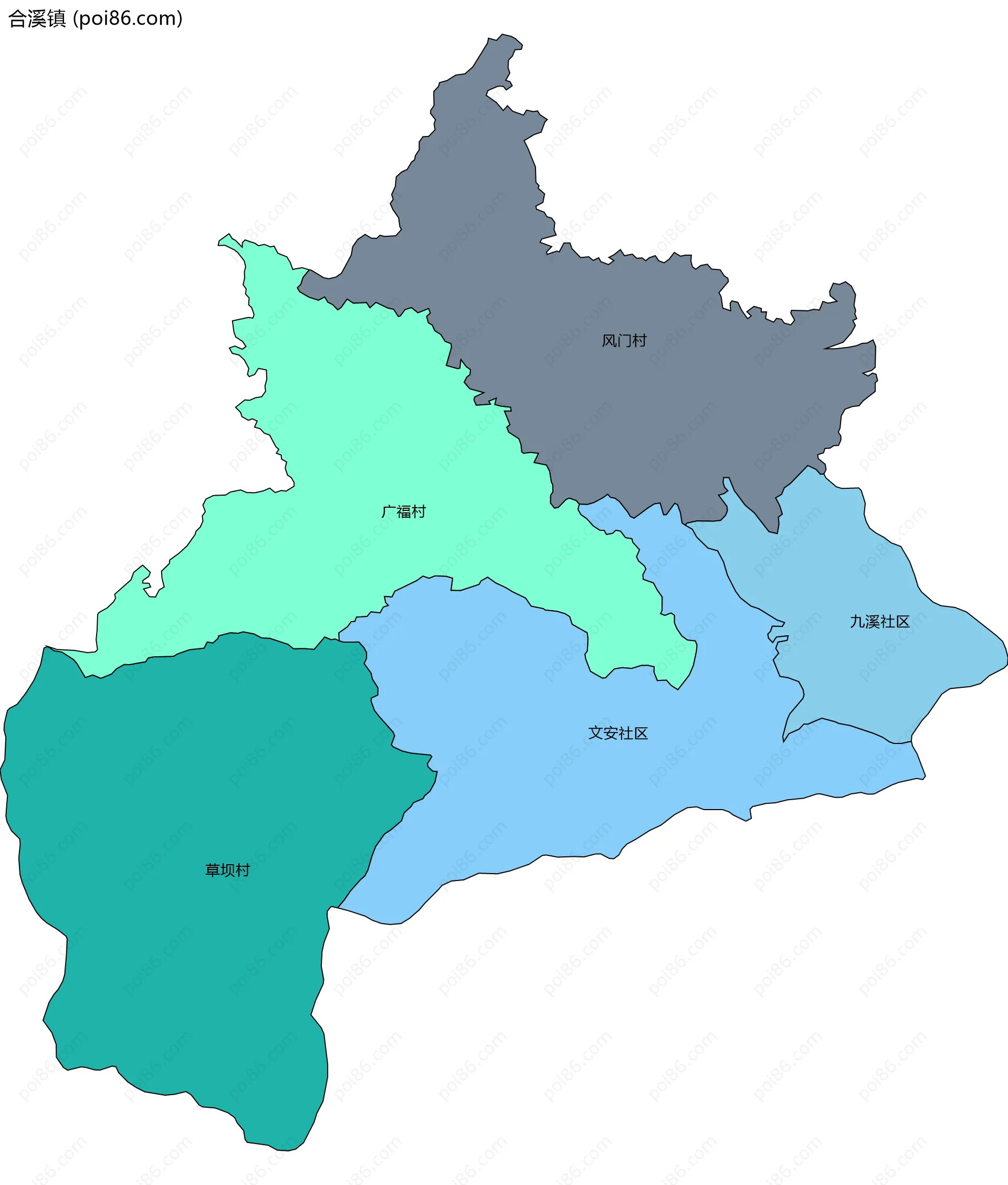 合溪镇边界地图(五级行政区划)