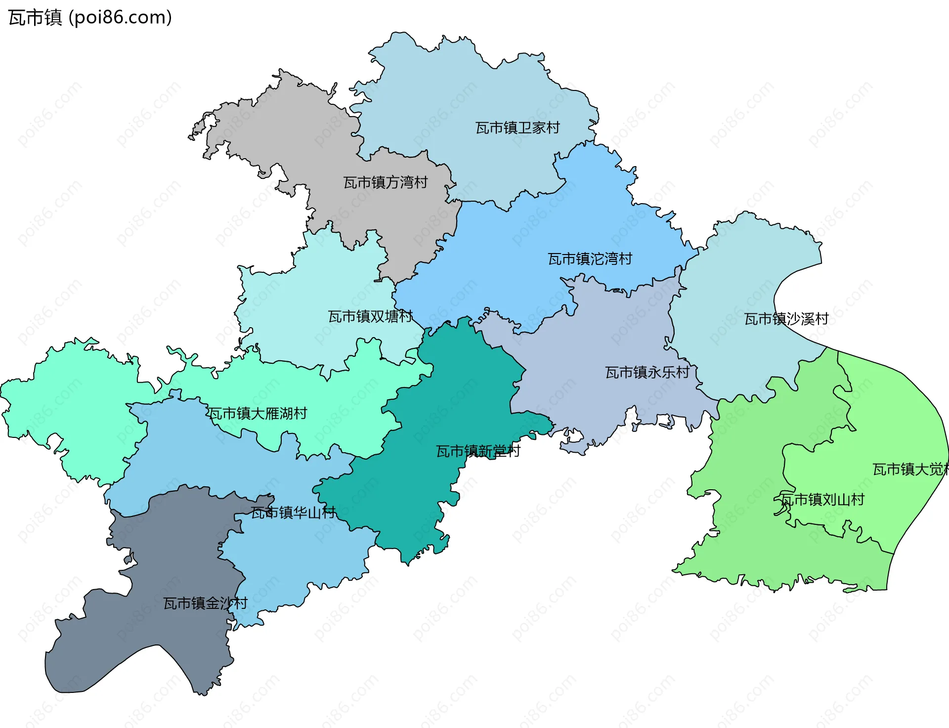瓦市镇边界地图(五级行政区划)