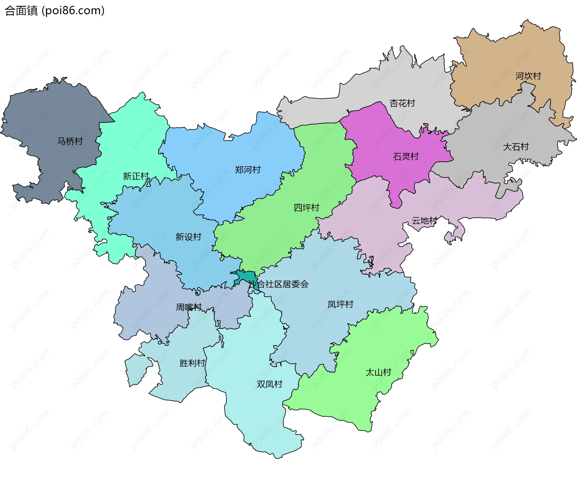 合面镇边界地图(五级行政区划)