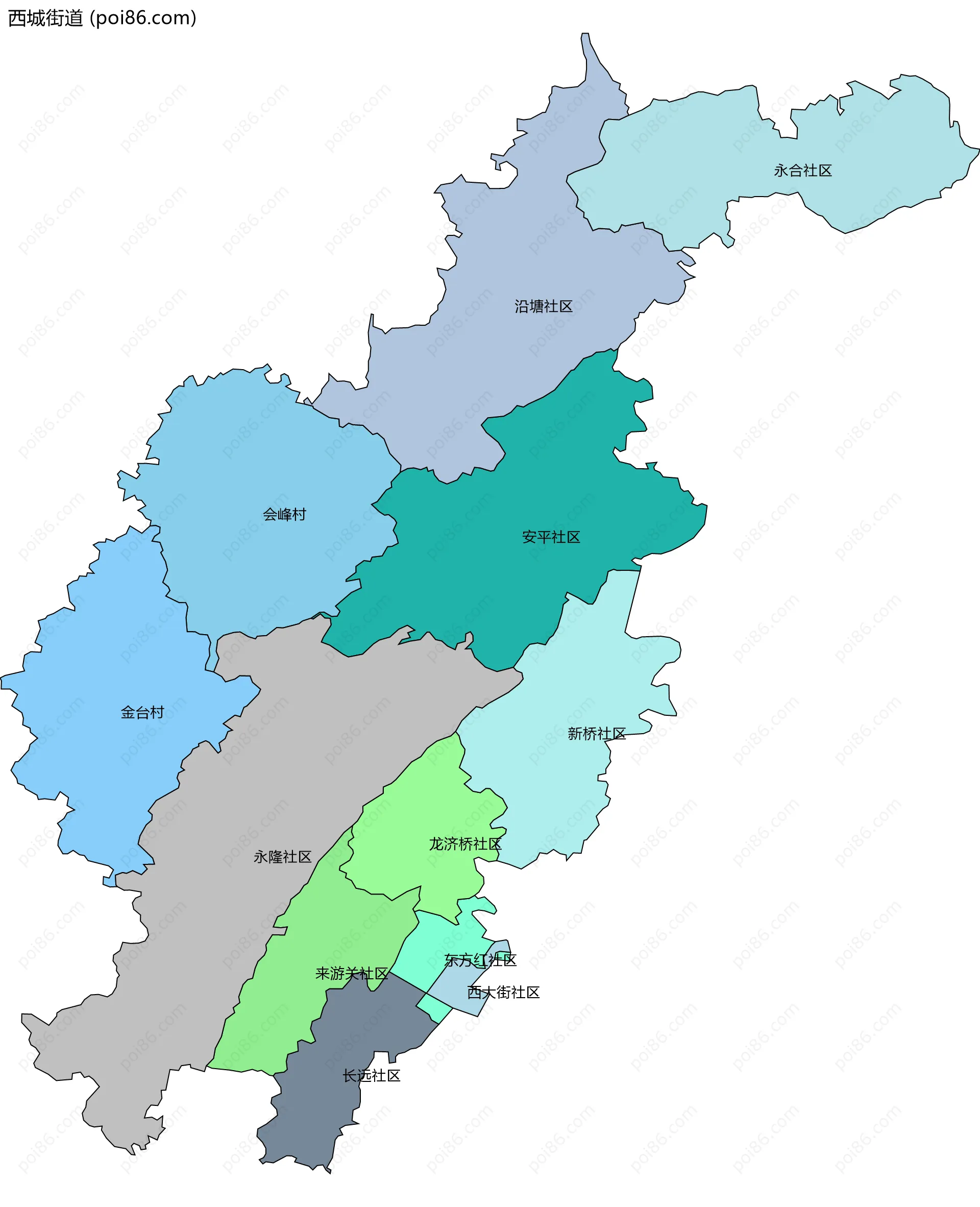 西城街道边界地图(五级行政区划)