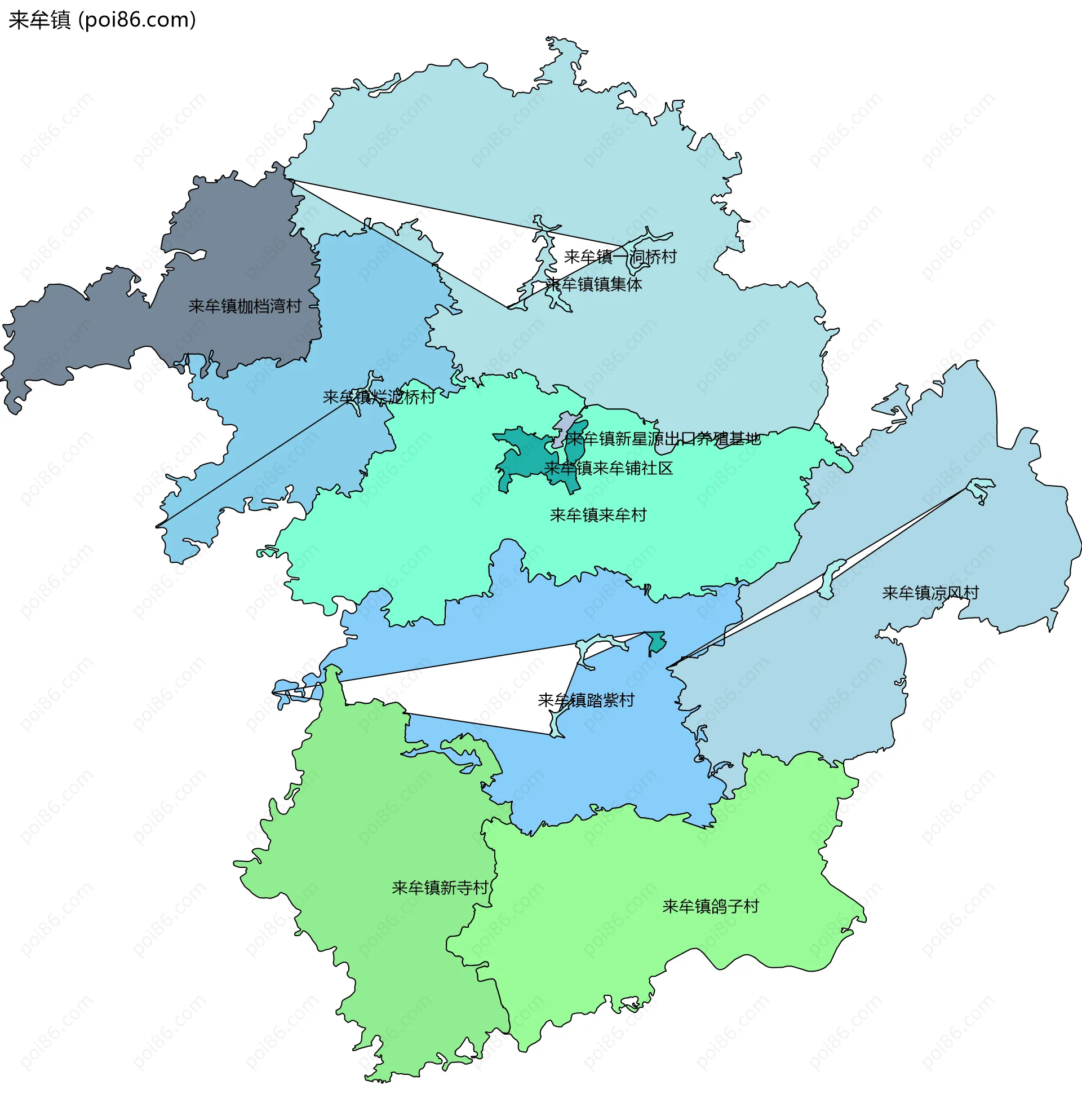 来牟镇边界地图(五级行政区划)