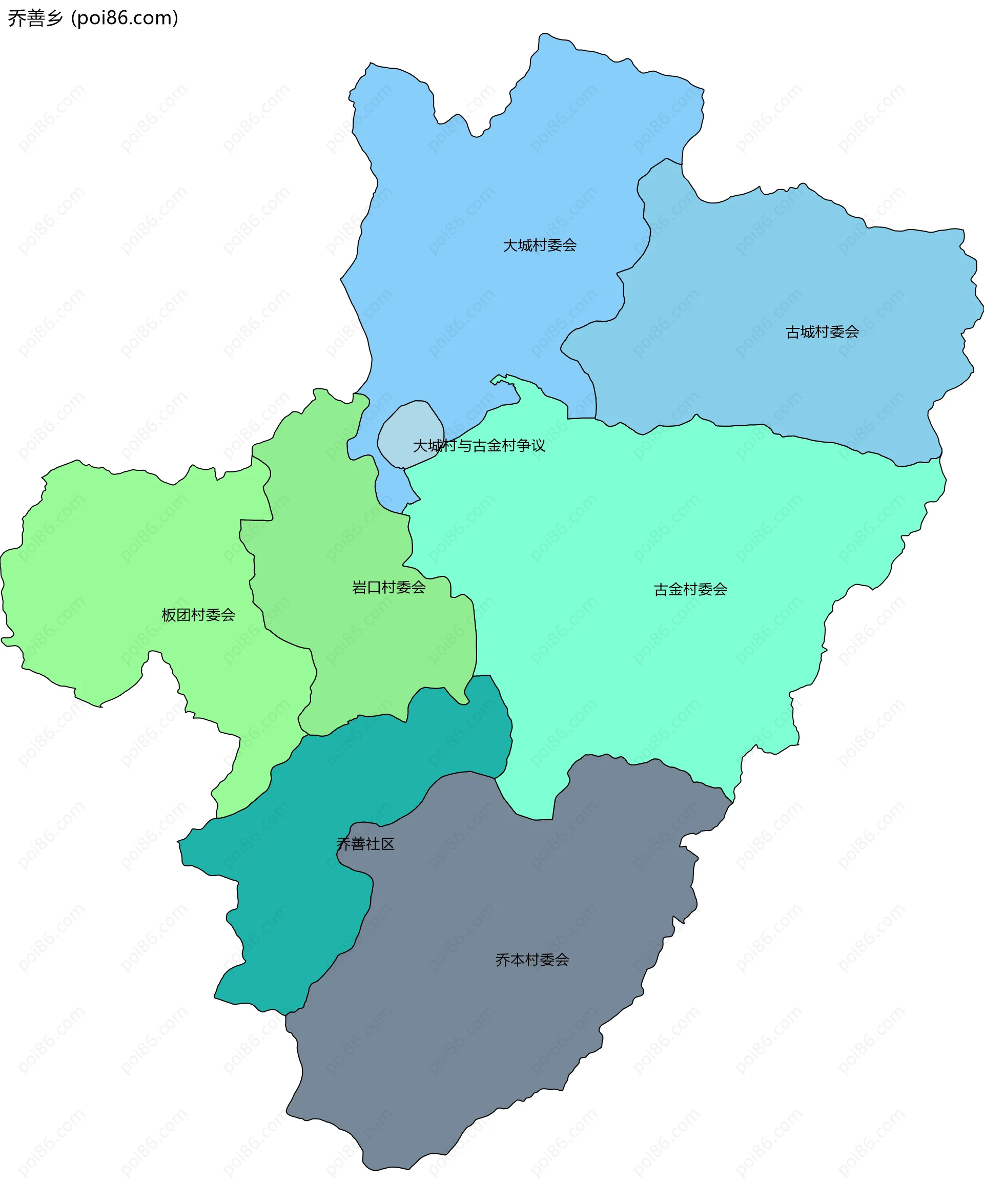 乔善乡边界地图(五级行政区划)