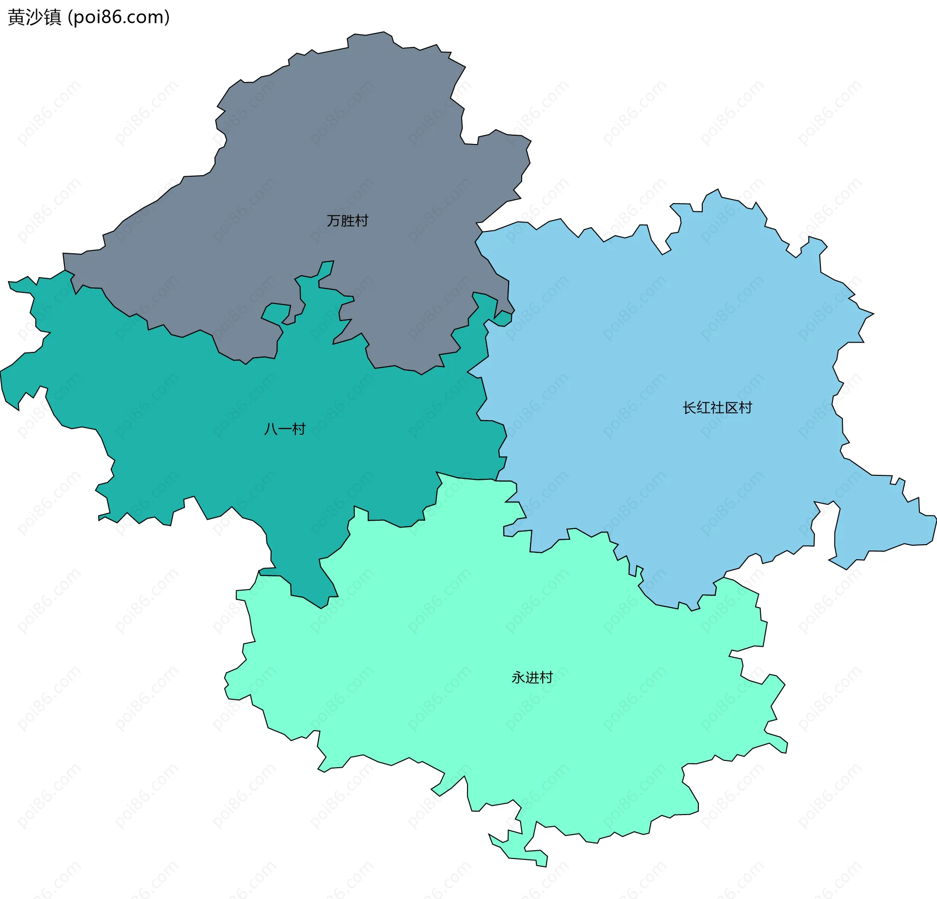 黄沙镇边界地图(五级行政区划)