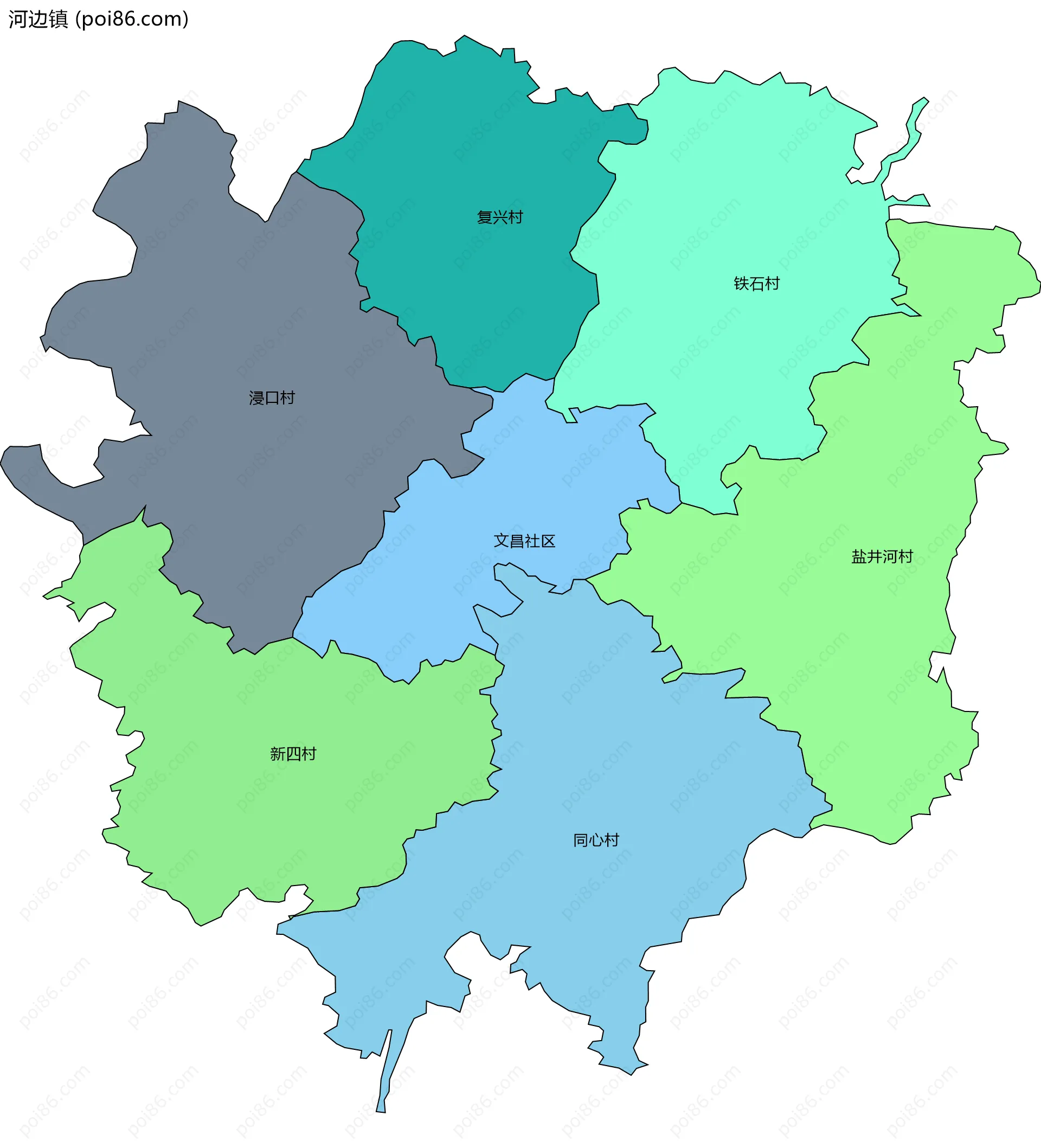 河边镇边界地图(五级行政区划)