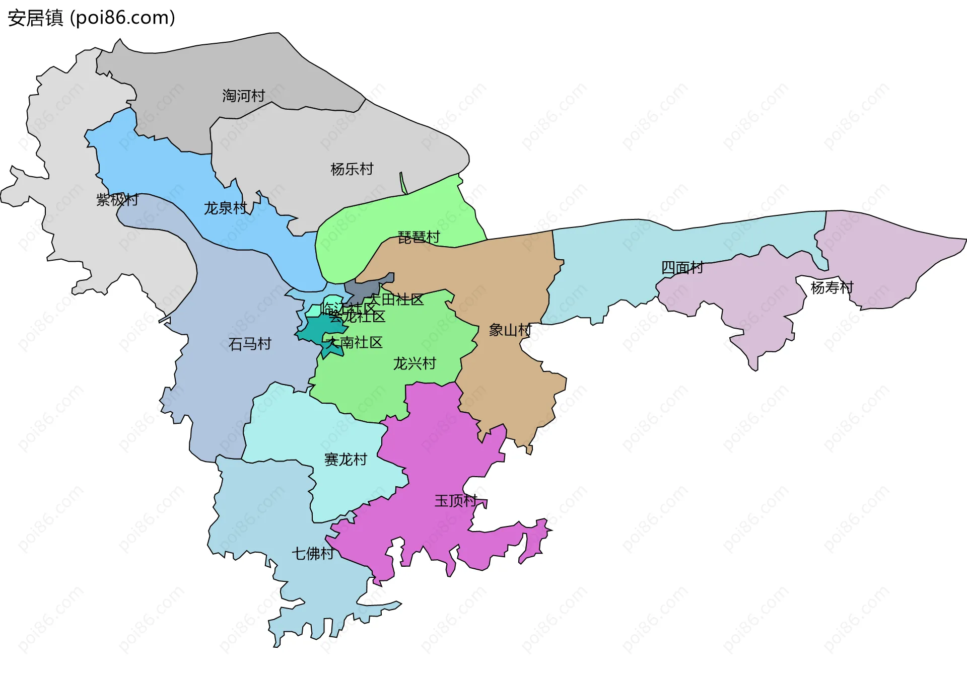 安居镇边界地图(五级行政区划)