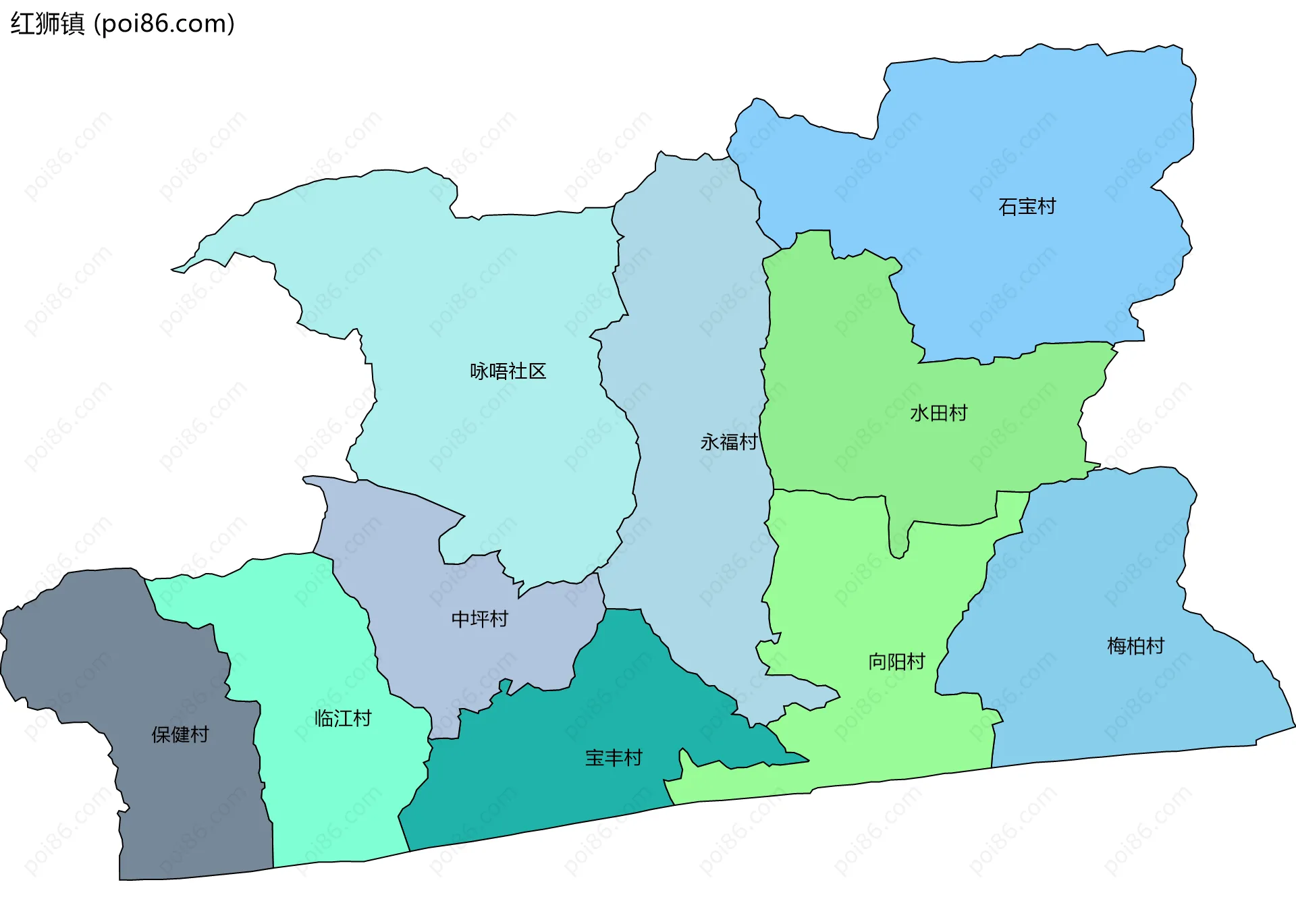 红狮镇边界地图(五级行政区划)