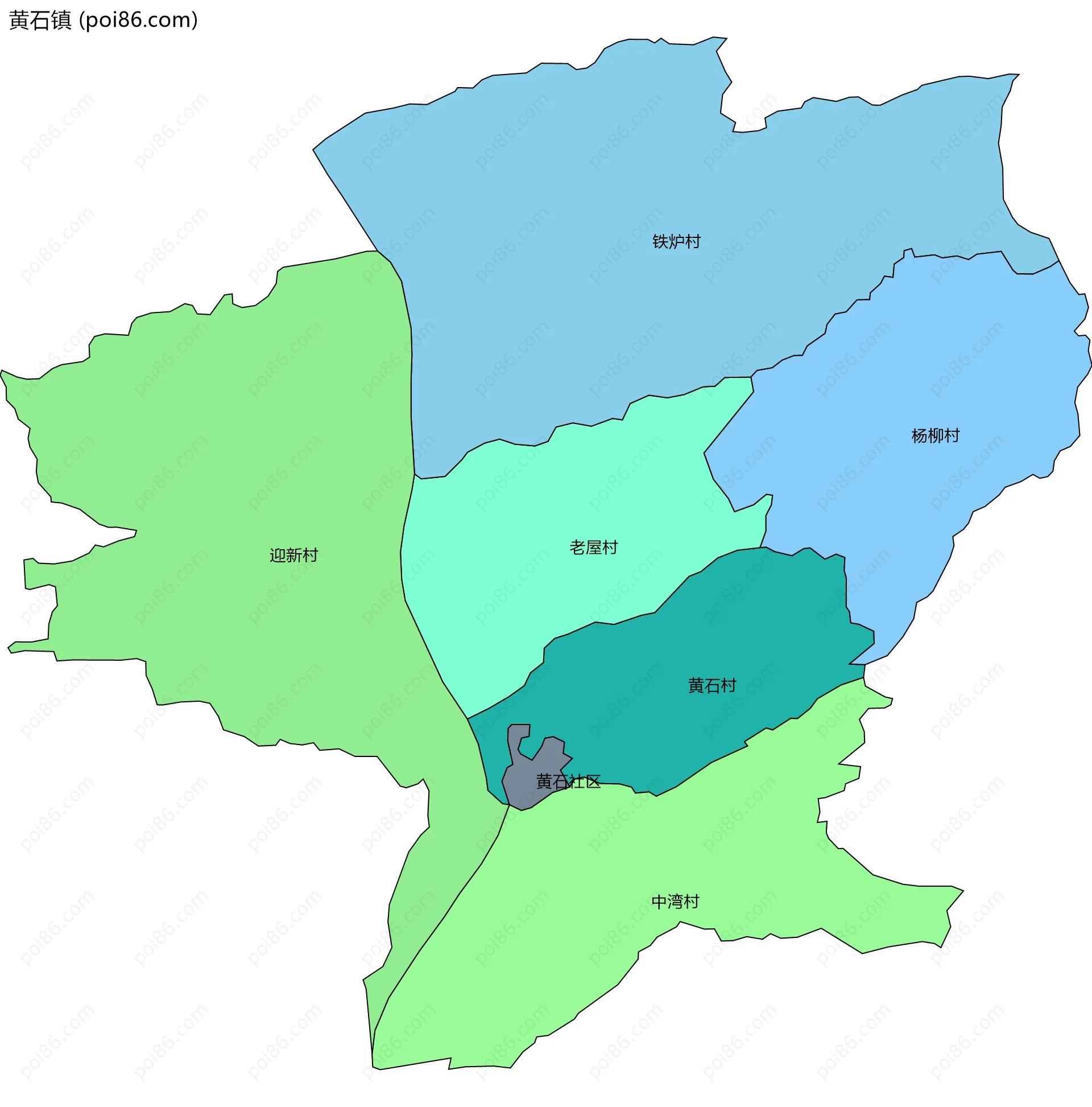 黄石镇边界地图(五级行政区划)