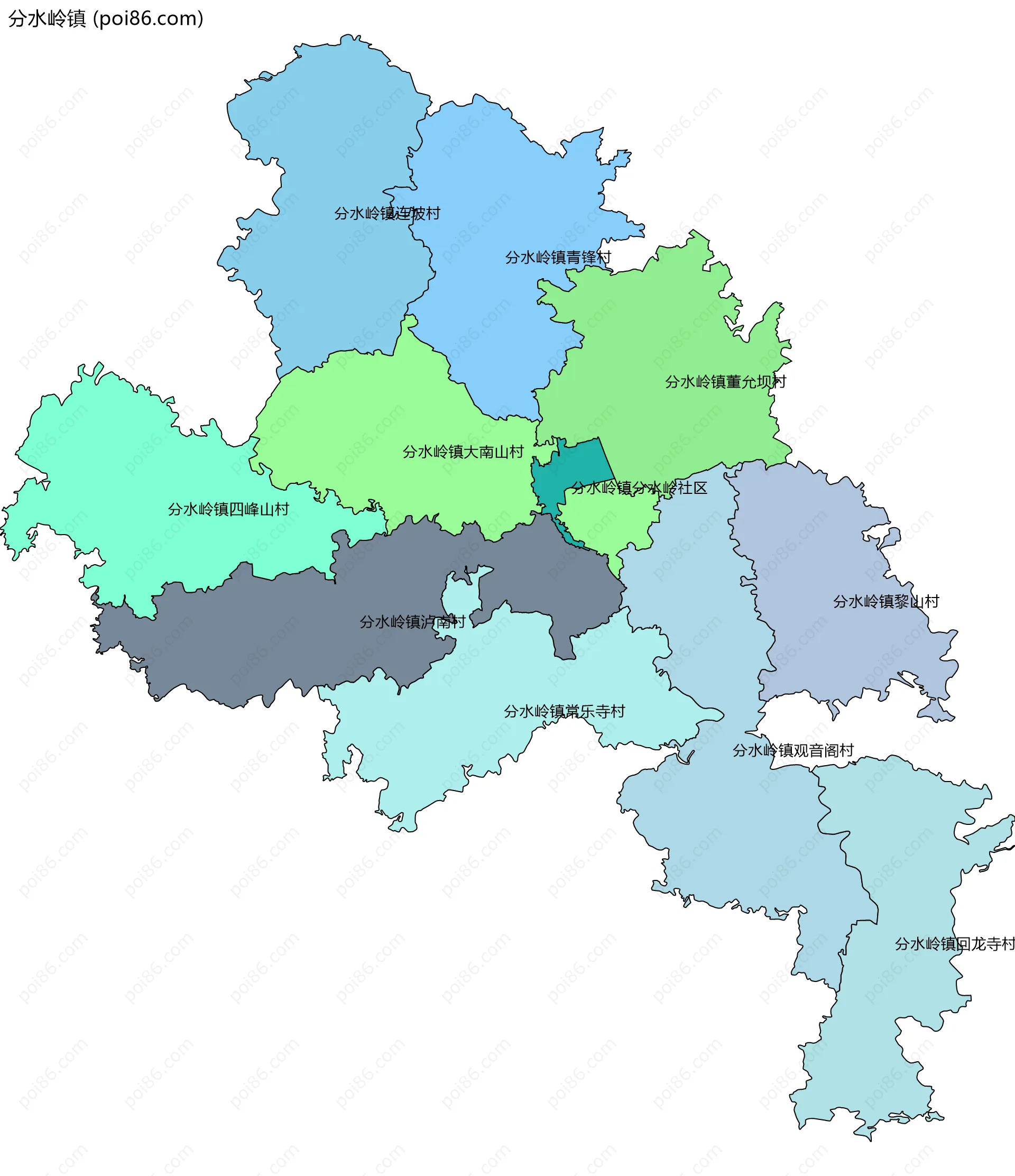 分水岭镇边界地图(五级行政区划)