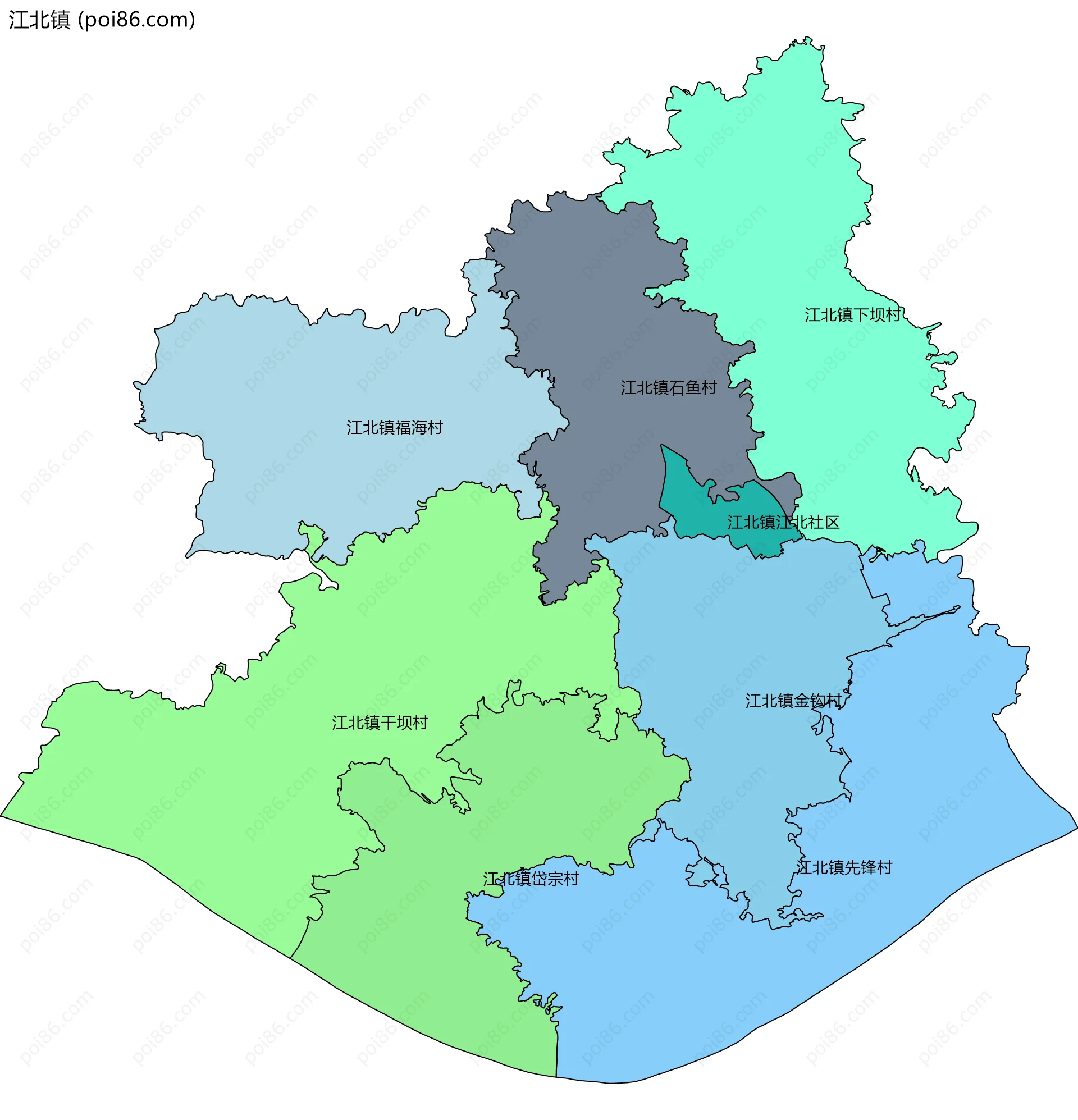 江北镇边界地图(五级行政区划)