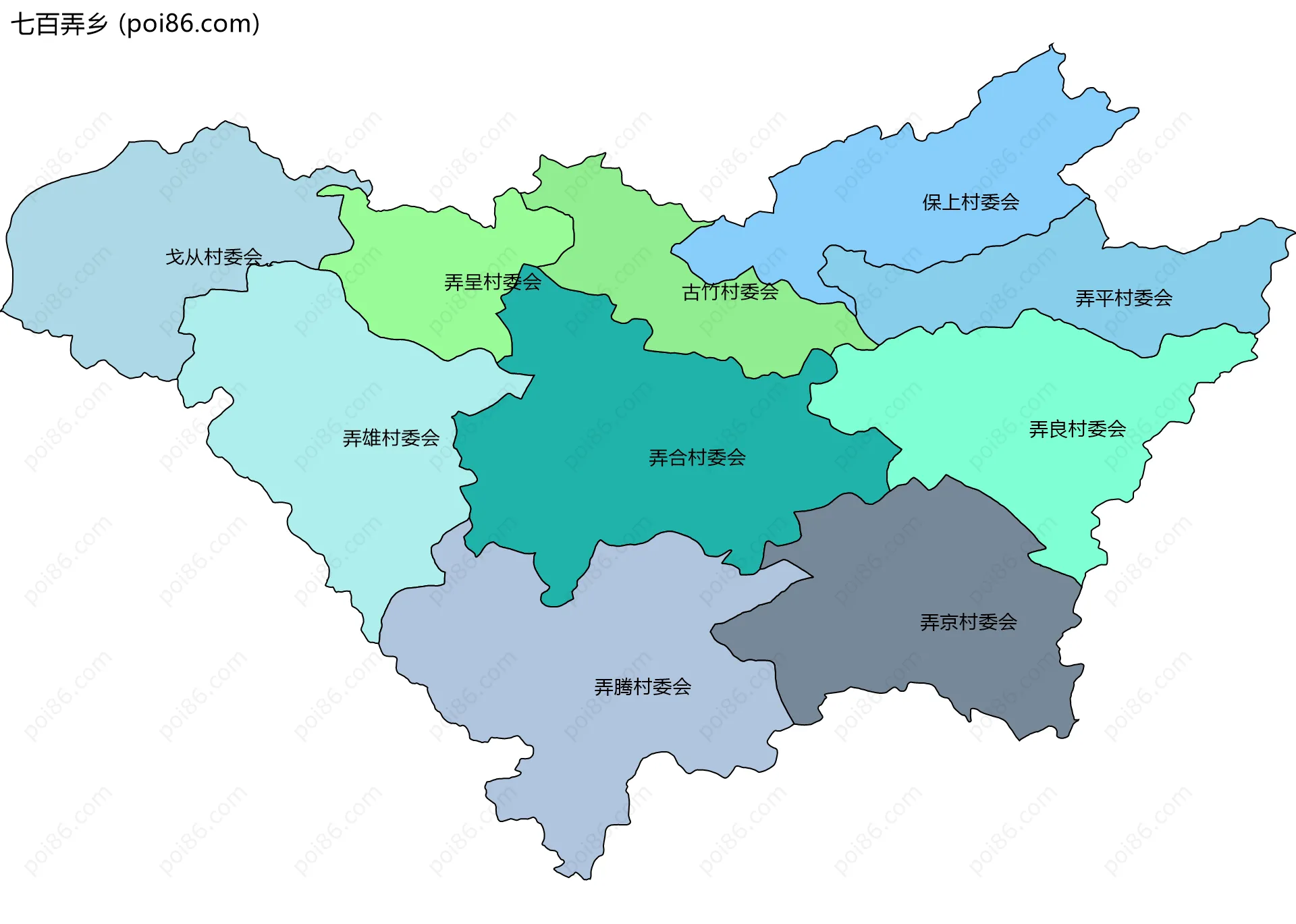 七百弄乡边界地图(五级行政区划)