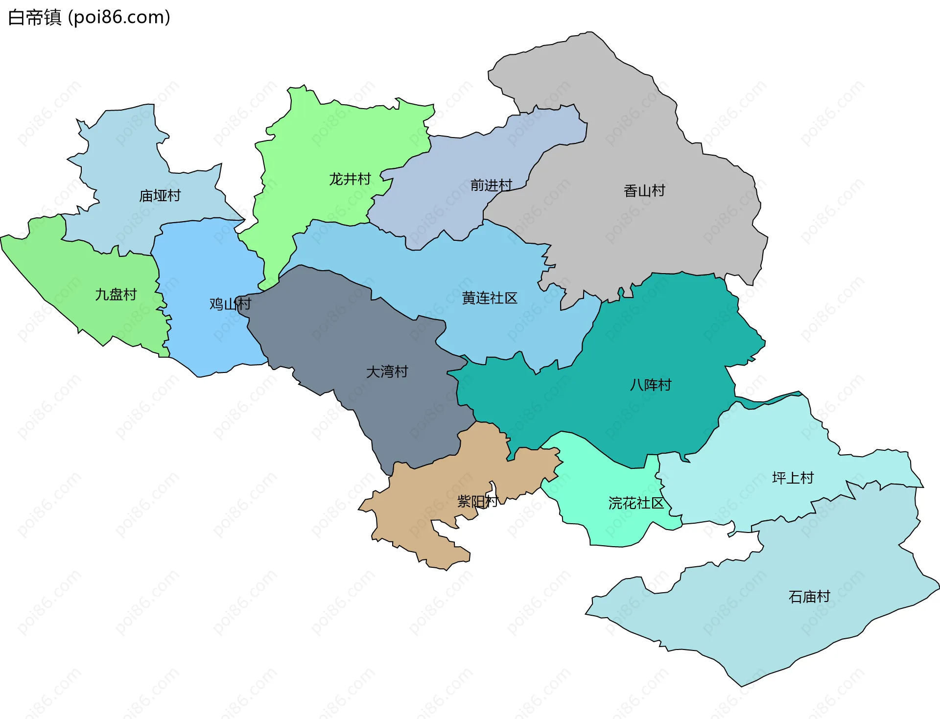 白帝镇边界地图(五级行政区划)
