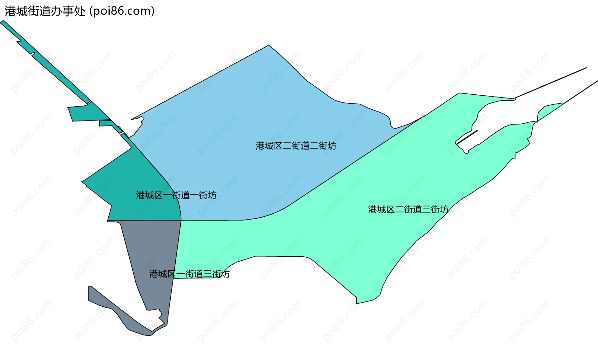港城街道办事处边界地图(五级行政区划)